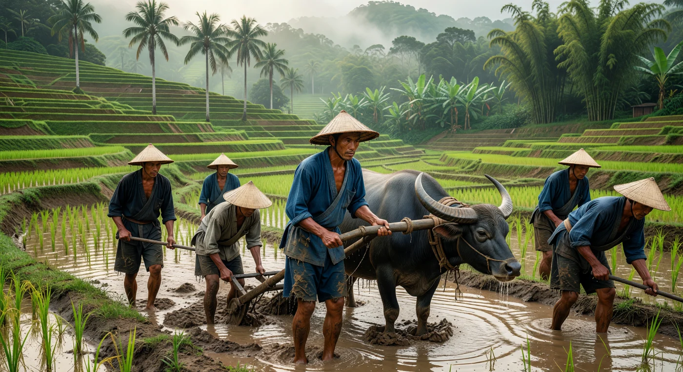 1930 के दशक के ताइवान के इस दृश्य में, किसान पारंपरिक बाँस की टोपियाँ पहने और जल भैंसों के साथ घुटनों तक गहरे कीचड़ में उतरकर सीढ़ीदार खेतों की जुताई कर रहे हैं। जापानी औपनिवेशिक काल के दौरान, यह कठिन शारीरिक श्रम द्वीप की कृषि का आधार था, जहाँ लोहे की नोक वाले लकड़ी के हलों का उपयोग करके चावल की फसल उगाई जाती थी। धुंधली पहाड़ियों और ताड़ के पेड़ों की पृष्ठभूमि में चित्रित यह दृश्य उस दौर की ग्रामीण वास्तविकता और मानसून की नमी को जीवंत रूप में दर्शाता है।