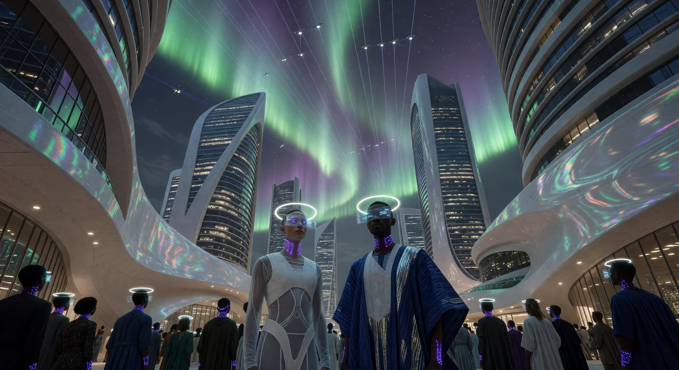 Dominant l'horizon de l'ère du « Seuil » (2025-2050), cette vue révèle l'Équinoxe du Pulsar, une aurore synthétique sculptée par des lasers ioniques dans la thermosphère d'une mégapole de l'Axe Lagos-Mumbai. L'architecture de cette strate technologique se compose de structures en céramique 4D séquestrant le carbone, dont les parois en biopolymères irisés capturent la lueur des rideaux de plasma artificiels. Au sol, la diversité morphologique des citoyens témoigne de la fusion entre biologie et machine : l'Élite Technocratique en exosquelettes de titane y côtoie les Néo-Pastoralistes drapés de Myco-soie, tous arborant des « Halos » de réalité augmentée et des tatouages à la luciférase pulsant au rythme haptique de la cité.