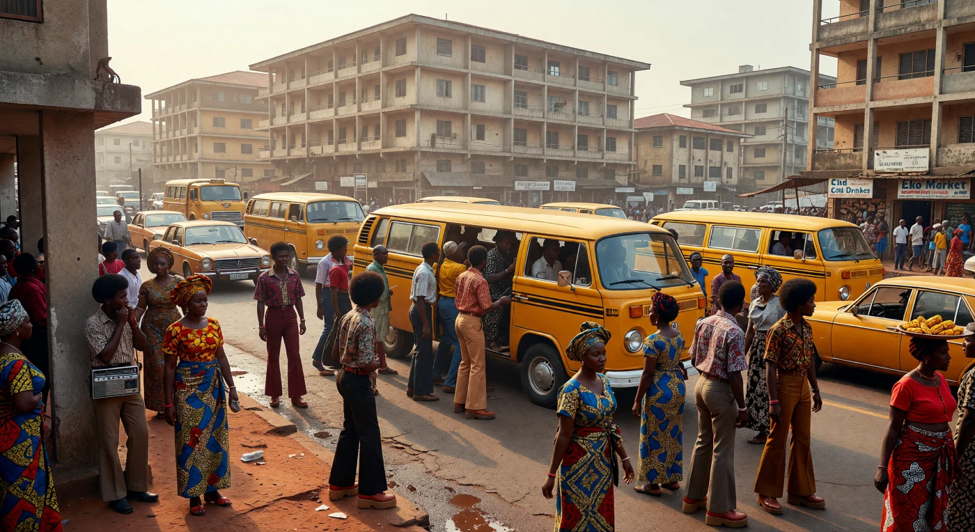 Esta escena captura la efervescencia de Lagos en la década de 1970, donde los icónicos autobuses Volkswagen "Danfo" de color amarillo circulan entre imponentes edificios de arquitectura brutalista y modernista tropical. Los transeúntes exhiben una vibrante fusión cultural, combinando tocados Gele y telas Ankara con pantalones de campana y zapatos de plataforma, lo que refleja el optimismo y el dinamismo social del auge petrolero en Nigeria. El ambiente, impregnado por el ritmo del Afrobeat que emana de las radios de transistores, ilustra la transformación de Lagos en una megaciudad cosmopolita y el florecimiento de una identidad africana moderna y audaz.