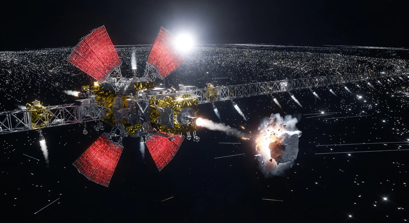 An automated defense platform utilizes a high-frequency microwave beam to vaporize a stray asteroid fragment near the Helios-Rectenna Array. Set during the Great Divergence (c. 2200–2500 CE), this scene illustrates the rigorous orbital maintenance required to protect the "Swarm," a vast network of solar mirrors and habitats powered by Kardashev 1.4-scale energy harvesting. To manage the extreme thermal waste of its internal fusion core, the platform’s tungsten-mesh radiator fins glow a brilliant cherry-red, shedding heat into the vacuum as mandated by the laws of thermodynamics. Managed by non-sentient Synthetic governors, these defensive systems ensure the structural integrity of the inner orbital shells for the billions of biological and digital consciousnesses residing within.