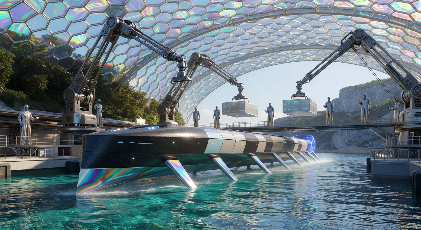 In the year 2045, the Port of Marseille exemplifies the height of "The Threshold" era, where massive fusion-powered hydrofoils transport freight across a revitalized Mediterranean. Beneath a shimmering geodesic desalination dome, advanced carbon-fiber robotic arms unload modular cargo with biomimetic precision, overseen by post-human Augments linked via neural interfaces. This hyper-efficient hub utilizes synthetic carbon-sequestering lichen and advanced filtration to maintain ecological harmony alongside industrial scale, marking a transition toward a post-scarcity civilization.