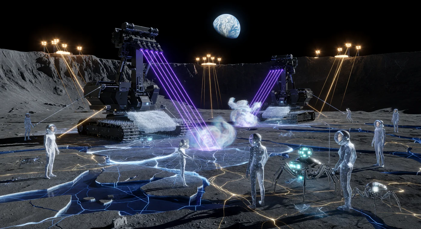 In den permanent beschatteten Tiefen des Shackleton-Kraters am lunaren Südpol gewinnen gewaltige Crawler aus Titan und Sinter-Regolith wertvolles Wassereis, das mittels hochenergetischer Thermallaser direkt aus dem antiken Gestein sublimiert wird. Während der Epoche des lunaren Außenpostens (2050–2100) koordinierten die spindeldürren, an die geringe Schwerkraft angepassten Selene-Geborenen diese Operationen gemeinsam mit den „Hollowed“, digitalen Bewusstseinseinheiten in strahlungsfesten arachnoiden Rahmen. Diese technologische Erschließung, visualisiert durch digitale Sicht-Overlays zur Detektion von Helium-3, markiert den Moment, in dem die Menschheit die Milliarden Jahre alte geologische Starre des Mondes in das industrielle Herz einer interplanetaren Zivilisation transformierte.