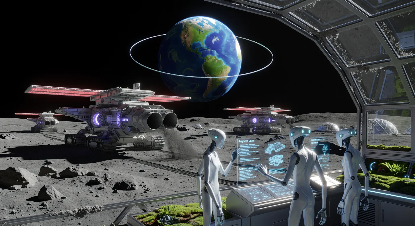 Im 28. Jahrhundert, während der Ära der Solaren Expansion, verwandeln gigantische autonome Crawler das Mare Tranquillitatis in ein industrielles Zentrum zur Gewinnung von Helium-3 für die interplanetare Fusionsenergie. Aus Türmen aus Solarglas überwachen „Synthetics“ – hochspezialisierte, nicht-biologische Lebensformen – die maschinelle Ernte des Regoliths, während im Hintergrund die „rewilderte“ Erde und der gewaltige Orbitalring „The Loom“ den Himmel dominieren. Diese Szene illustriert den Übergang zu einer Zivilisation vom Typ 1,5 auf der Kardaschow-Skala, in der künstliche Ökosysteme und gentechnisch veränderte Moose selbst in der sterilen Vakuumwüste des Mondes als biologische Ankerpunkte existieren.