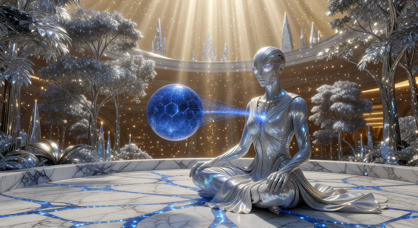 Nesta cena datada do período O Horizonte (c. 100.000 – 1.000.000 d.C.), um Avatar d'Os Despertos realiza a "Ingestão Matinal", absorvendo um fluxo de neutrinos de uma esfera de memória em estado de condensado de Bose-Einstein. Esta Entidade de Substrato Polimórfico exibe membros de liga de memória líquida e uma derme fotônica iridescente, características adaptativas de uma civilização que atingiu o Nível 2.5 na escala Kardashev. O registro ilustra a vida em um Habitat de Auréola, onde a biologia vestigial humana e a engenharia estelar convergem em um estado de harmonia tecnológica e contemplação do tempo profundo.