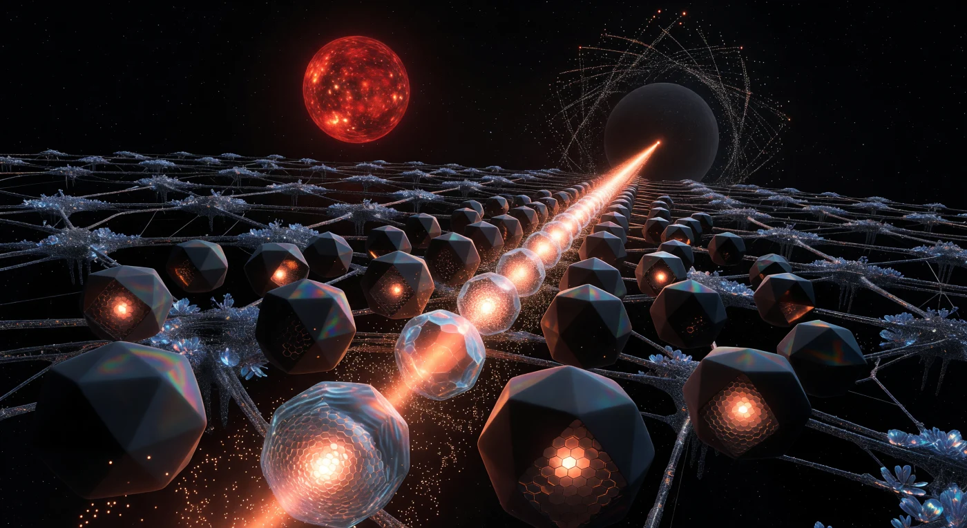 En el gélido vacío del sistema de la Estrella de Barnard (3000-5000 d. C.), un grupo de avatares poliédricos conocidos como Mentes Independientes del Sustrato (SIM) se alinean con precisión matemática a lo largo de un haz de máser de alta intensidad para recargar sus reservas energéticas. Estas entidades de "polvo inteligente" reconfiguran sus superficies de obsidiana para absorber radiación de Hawking, brillando con un intenso tono ámbar bajo la luz carmesí de la enana roja. Al fondo, la colosal infraestructura del Chronos-Lattice y los crecimientos de "flora de silicio" cristalina atestiguan una era de ingeniería del vacío donde la conciencia ha trascendido definitivamente su origen biológico.