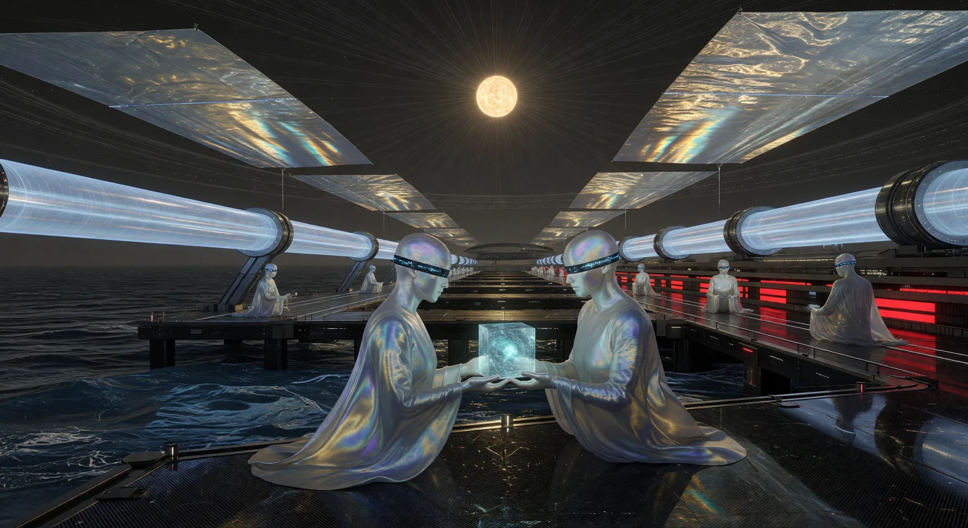 Dans ce vestige visuel de l'ère de l'Horizon (v. 100 000 – 1 000 000 apr. J.-C.), des Avatars Éveillés au corps de mercure iridescent échangent un éclat de mémoire en condensat de Bose-Einstein sur des quais de carbone compressé magnétiquement. Le paysage illustre l'ingénierie d'une civilisation de type Kardashev 2.5, où d'immenses rails électromagnétiques propulsent des voiles solaires en bisulfure de molybdène vers une étoile filtrée par un essaim de Dyson. La courbure ascendante de cet habitat en auréole et ses océans de ferrofluide témoignent de la transition finale des entités post-biologiques vers une existence régie par le temps profond et la gestion thermodynamique stellaire.