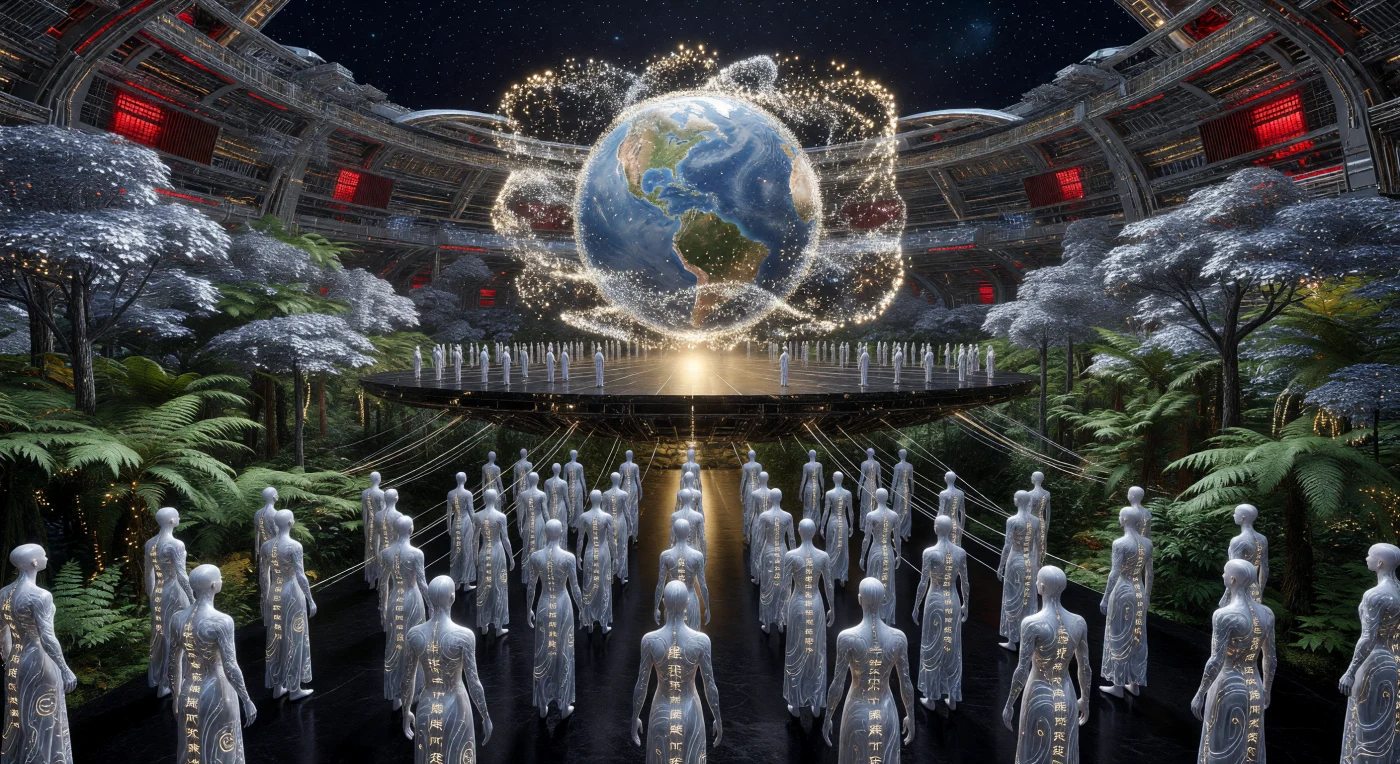 Sur une plateforme d'obsidienne suspendue au cœur d'une mégastructure stellaire, des milliers d'Éveillés — entités polymorphes issues de l'an 100 000 de notre ère — contemplent une reconstitution holographique de la Terre durant l'époque de l'Holocène. Ces descendants lointains de l'humanité, drapés de nanofibres affichant des écritures archaïques, utilisent des essaims de drones pour visualiser la biosphère d'origine de *Homo sapiens* à une échelle planétaire. Ce « Grand Récital » illustre la persistance de la mémoire biologique au sein d'une civilisation de Type 2.5, reliant les structures de Dyson du futur lointain aux racines géologiques de la Terre primitive.