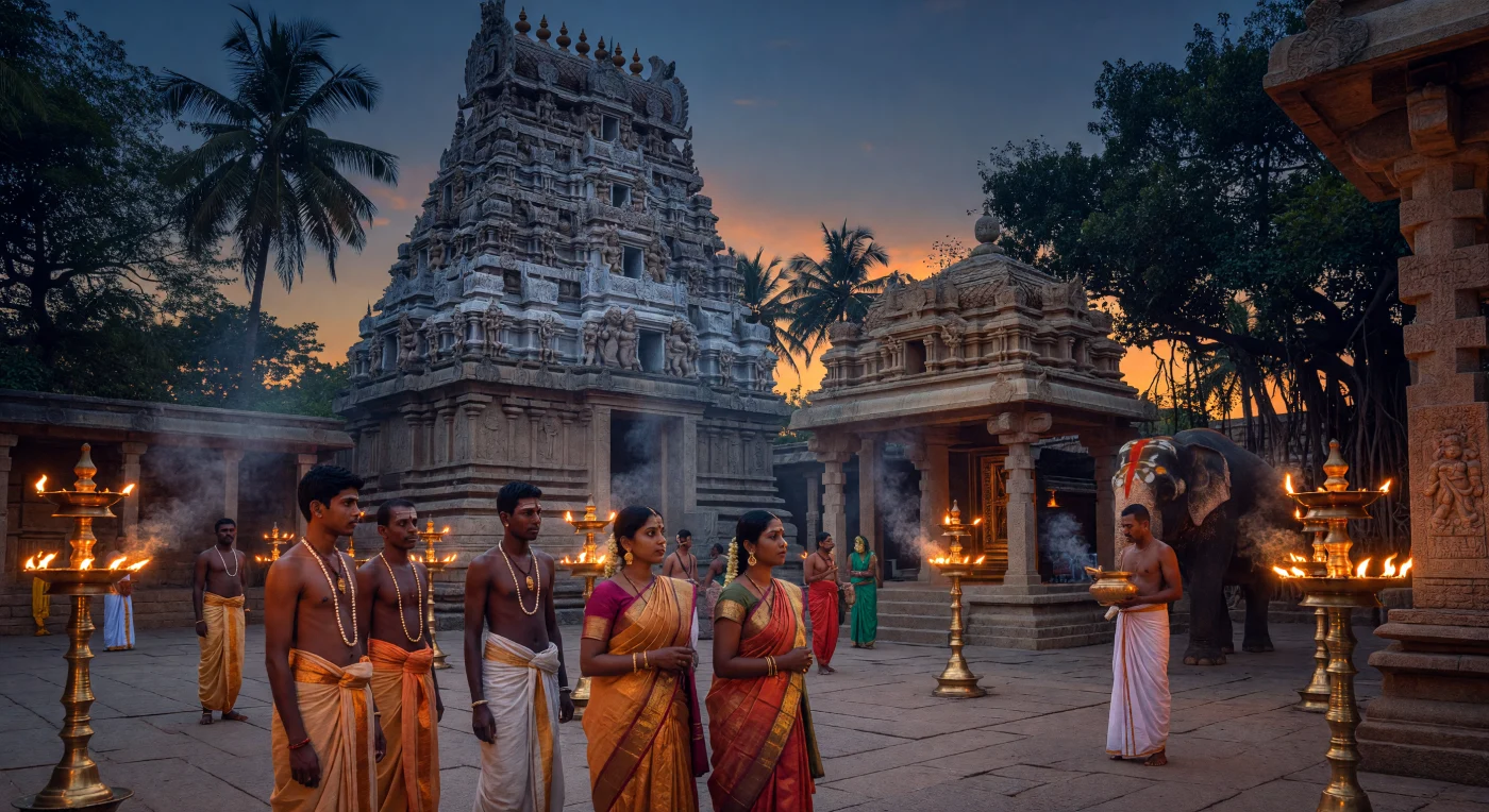 In het schemerlicht van de 14e-eeuwse Vijayanagara-hoofdstad verzamelen gelovigen zich voor een monumentale granieten gopuram, versierd met gedetailleerd snijwerk van mythologische Yali-wezens. Terwijl de geur van sandelhout en wierook de lucht vult, verlichten honderden bronzen olielampen de in zijde gehulde menigte en de imposante architectuur van dit machtige Zuid-Indiase rijk. Dit tafereel biedt een blik op de spirituele en culturele bloeiperiode van een beschaving die bekend stond om haar monumentale tempelbouw en verfijnde devotionele tradities.