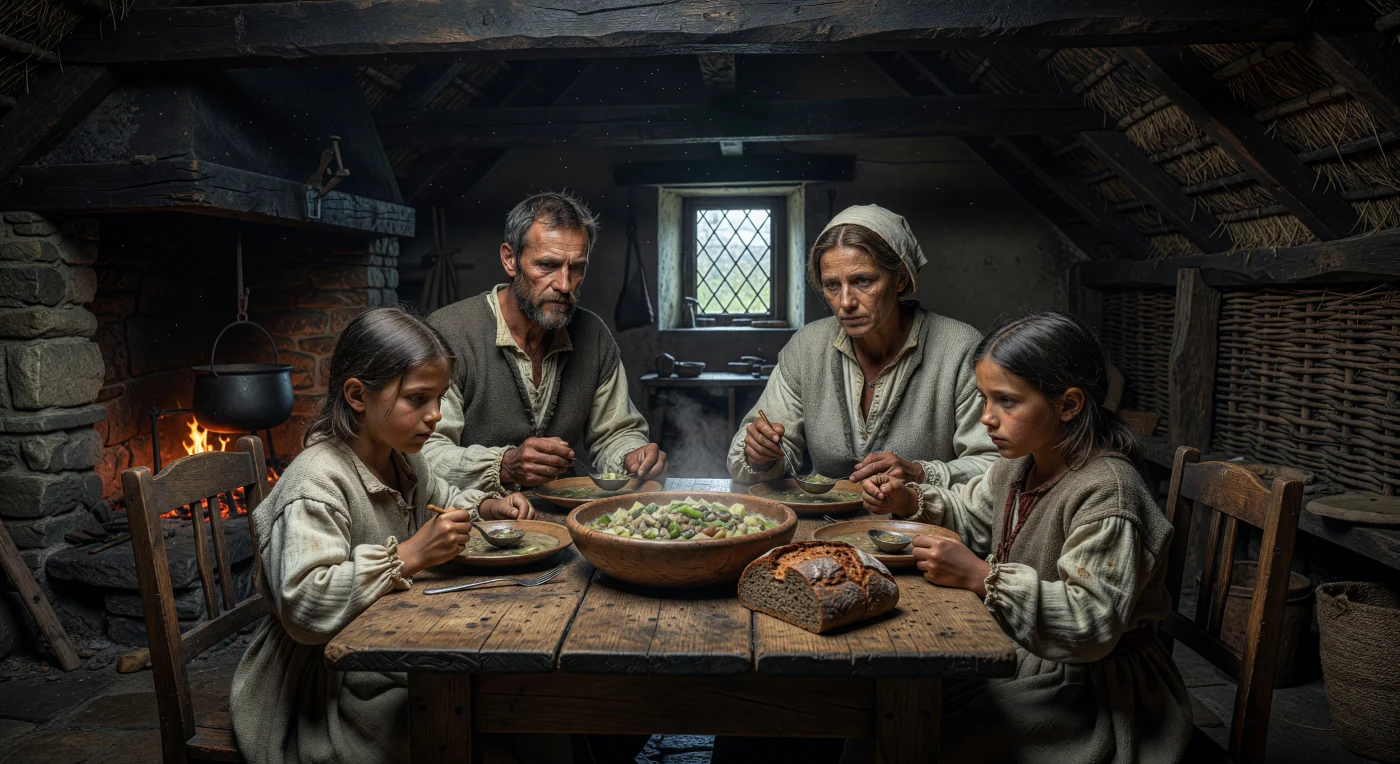 تُصور هذه اللوحة عائلة فلاحية من شمال أوروبا حوالي عام 1580، وهي تجتمع حول طاولة خشبية متينة في كوخ خافت الإضاءة لتناول وجبة بسيطة من حساء الخضروات والخبز الداكن. يرتدي أفراد العائلة ملابس من الصوف الخشن والكتان تعكس قسوة العيش خلال "العصر الجليدي الصغير"، حيث كانت الأواني الخشبية المشتركة هي الوسيلة الوحيدة لتناول الطعام في غياب أدوات المائدة الحديثة. يجسد هذا المشهد حياة الكفاف التي عاشها أغلب سكان أوروبا خلال عصر النهضة، حيث كان الإيقاع اليومي محكوماً بضوء النهار وحرارة الموقد الحجري.