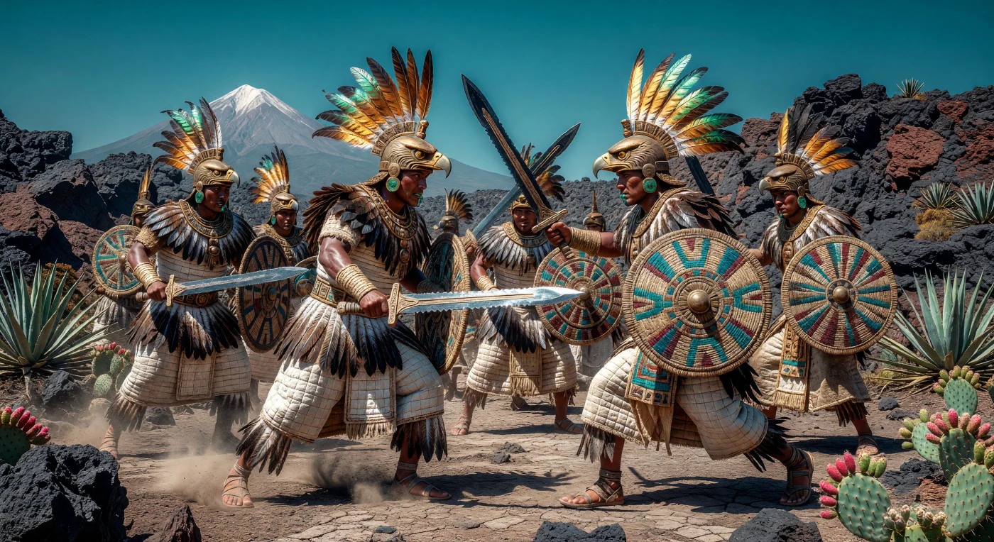 Elite Aztec Eagle Warriors (Cuāuhtli) engage in ritual combat on a volcanic plateau, clad in brine-hardened quilted cotton armor and ornate helmets adorned with eagle and quetzal feathers. They wield the macuahuitl, a formidable oak broadsword inset with razor-sharp obsidian blades, showcasing the sophisticated lithic technology of 15th-century Mesoamerica. These elite combatants belonged to a prestigious military order within the Mexica Empire, where their high status was signaled by intricate feather-work shields and precious jade ornaments.