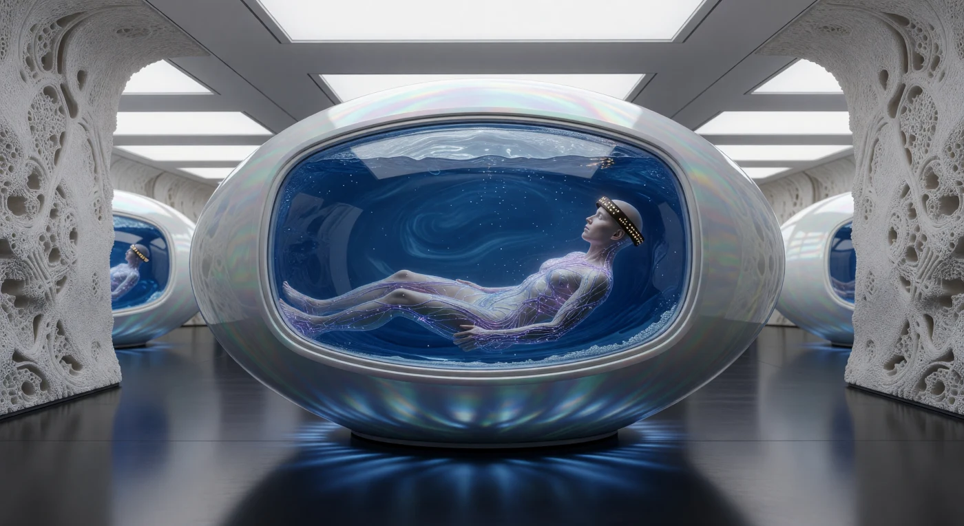 22세기 후반 '융합(The Convergence)' 시대의 유물인 이 크로노스-배트(Chronos-Vat)는 산소가 풍부한 청색 플루오르화 탄소 용액 속에 잠겨 생체 활동을 최소화한 인류의 모습을 보여줍니다. 피실험자의 투명한 피부 아래로 빛나는 보랏빛 '시냅스 위브(Synaptic Weave)'는 인간의 신경계를 전 지구적 양자 격자에 직접 연결했으며, 주변의 탄산칼슘 벽면은 대기 중 탄소를 포집하여 건축 자재로 전환한 당대의 혁신적인 지질공학적 성취를 드러냅니다. 이는 생물학적 육체와 디지털 인터페이스, 그리고 행성 지질이 하나로 통합되며 인류가 기술적 진화의 새로운 단계로 진입했음을 상징하는 경이로운 기록입니다.