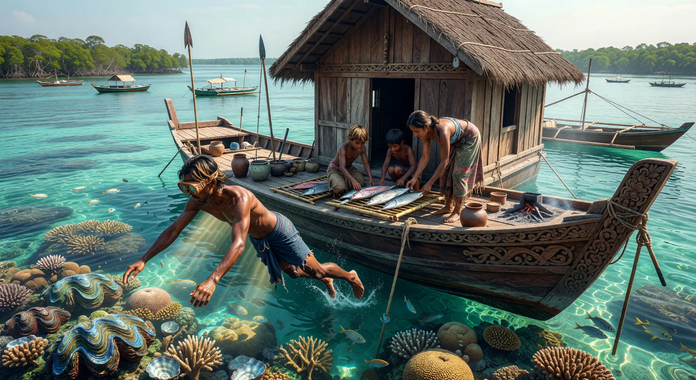 A Bajau diver plunges from a traditional *lepa-lepa* houseboat into the biodiversity-rich waters of the mid-16th century Sulu Sea. Equipped with hand-carved wooden goggles, he harvests pearl oysters and giant clams from the reef, providing valuable commodities for the era’s flourishing maritime trade networks. This scene illustrates the "sea nomad" lifestyle of the Sama-Bajau people, whose specialized maritime skills and mobile boat-dwellings allowed them to thrive as essential contributors to the Southeast Asian "Age of Commerce."