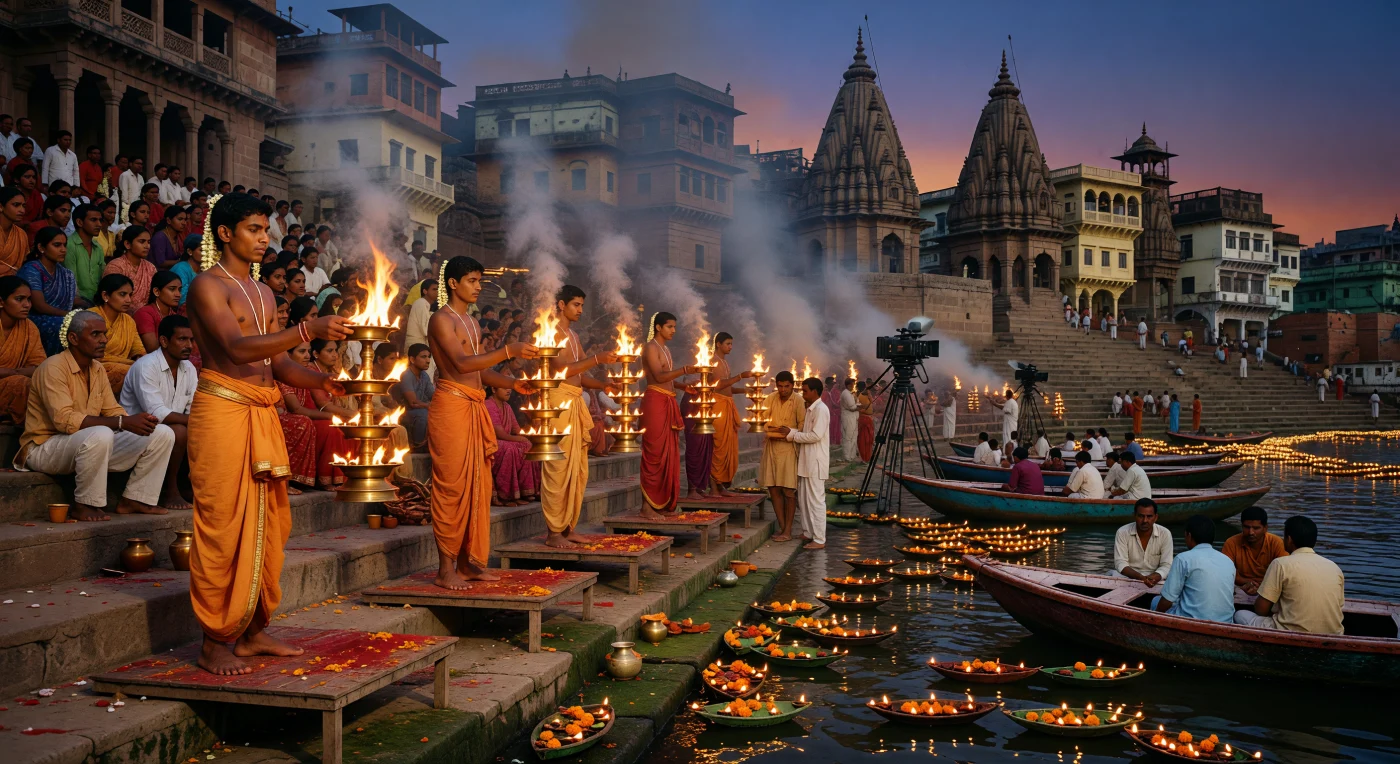 1990년대 중반 인도 바라나시의 다사스와메드 가트에서 젊은 사제들이 타오르는 다층 청동 등불을 흔들며 갠지스강에 경의를 표하는 '강가 아르티' 의식을 거행하고 있습니다. 고대 사암 계단을 가득 메운 순례자들은 전통적인 면 사리와 쿠르타를 입고 경건하게 의식에 참여하며, 어두운 강물 위로는 소망을 담은 작은 등불들이 점점이 흩어져 흐릅니다. 디지털 기기가 보급되기 전의 이 장면은 35mm 필름 특유의 질감 속에 향 내음과 종교적 열망이 어우러진 당시 인도의 정신적 풍경을 생생하게 보존하고 있습니다.