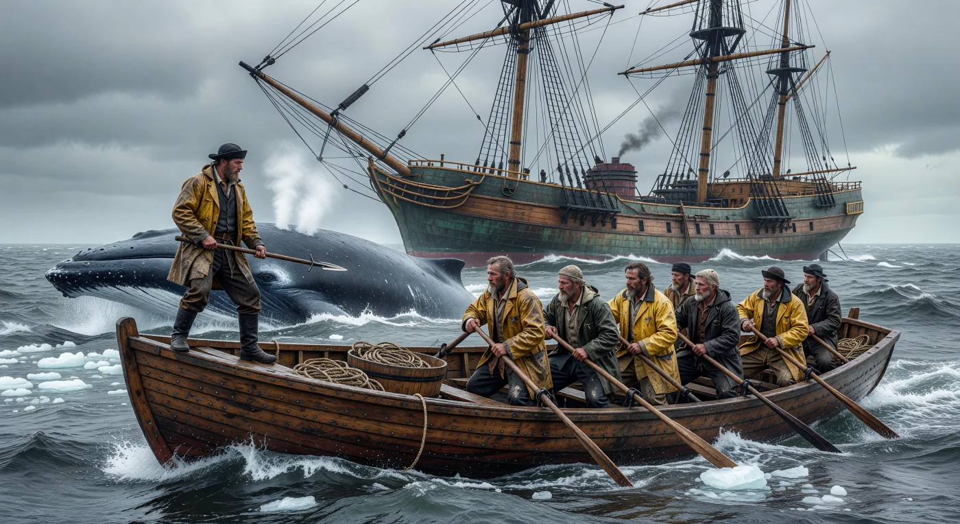Esta cena dramática de 1845 retrata marinheiros em um escaler de madeira enfrentando as águas turbulentas do Atlântico Norte para arpoar uma baleia-franca-boreal sob um céu invernal. Durante a Era das Revoluções, a caça à baleia era uma indústria global vital e exaustiva, fornecendo o óleo necessário para a iluminação urbana e a lubrificação das máquinas que impulsionavam a Revolução Industrial. A imagem captura com precisão a dureza da vida marítima, desde as vestes de oleado dos homens até o navio de três mastros ao fundo, onde fornos de tijolo transformavam a gordura animal no combustível que sustentava o progresso europeu.