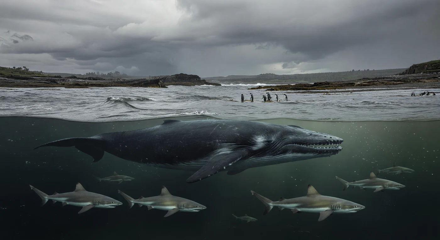 Numa enseada subantártica da Península Antártica, há cerca de 34–36 milhões de anos, o primitivo misticeto **Llanocetus denticrenatus** desliza sob a superfície escura, com as suas mandíbulas ainda armadas de dentes bem desenvolvidos em vez de barbas. Abaixo dele, tubarões lamniformes **Striatolamia macrota** patrulham as águas frias e ricas em plâncton, enquanto pinguins gigantes do Eoceno surgem ao longe junto à linha revolta da costa. A paisagem rochosa de arenitos, siltitos e tufos vulcânicos, com manchas de **Nothofagus** e coníferas sob neblina polar, recorda uma Antártida ainda sem gelo continental, mas já à beira da grande transição climática que daria forma ao Oceano Austral moderno.