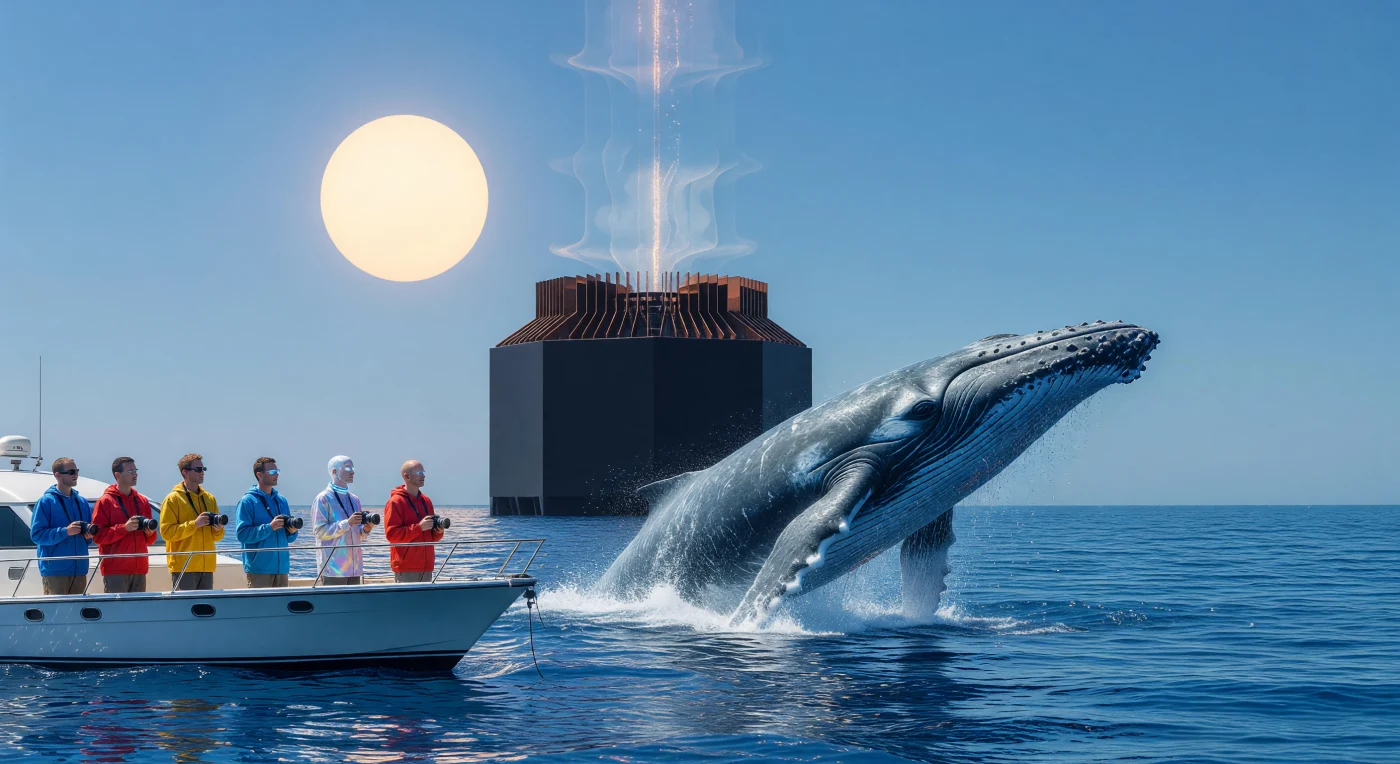 En l'an 450 000 de notre ère, une majestueuse baleine bleue (*Balaenoptera musculus*) fend les eaux de Terra Memoria, un sanctuaire planétaire où la biosphère du XXIe siècle est rigoureusement préservée par une ingénierie de type Kardashev II. Depuis un yacht fabriqué par impression moléculaire, des Bio-Répliques humaines et un Pèlerin post-biologique en enveloppe synthétique observent ce géant des mers sous la lueur tamisée d'une sphère de Dyson. En arrière-plan, d'imposantes bouées de dissipation thermique et des corridors de transmission d'énergie témoignent de la technologie colossale nécessaire pour maintenir ce « jardin d'Éden statique » au cœur du 450e millénaire.