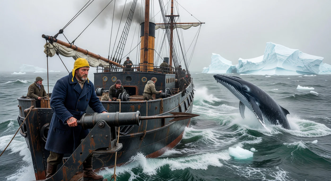 Ce baleinier à vapeur de 1905, à la coque d'acier marquée par le sel et la rouille, fend les eaux tumultueuses de la mer du Labrador à la poursuite d'un rorqual commun. À la proue, un harponneur norvégien manœuvre un canon Svend Foyn, une innovation technique de la Belle Époque qui a radicalement transformé l'industrie maritime en augmentant l'efficacité de la chasse. Entre les icebergs massifs et les volutes de fumée de charbon, cette scène illustre la transition brutale vers l'ère industrielle, où la vapeur supplante la voile pour dominer les ressources sauvages de l'Atlantique Nord.