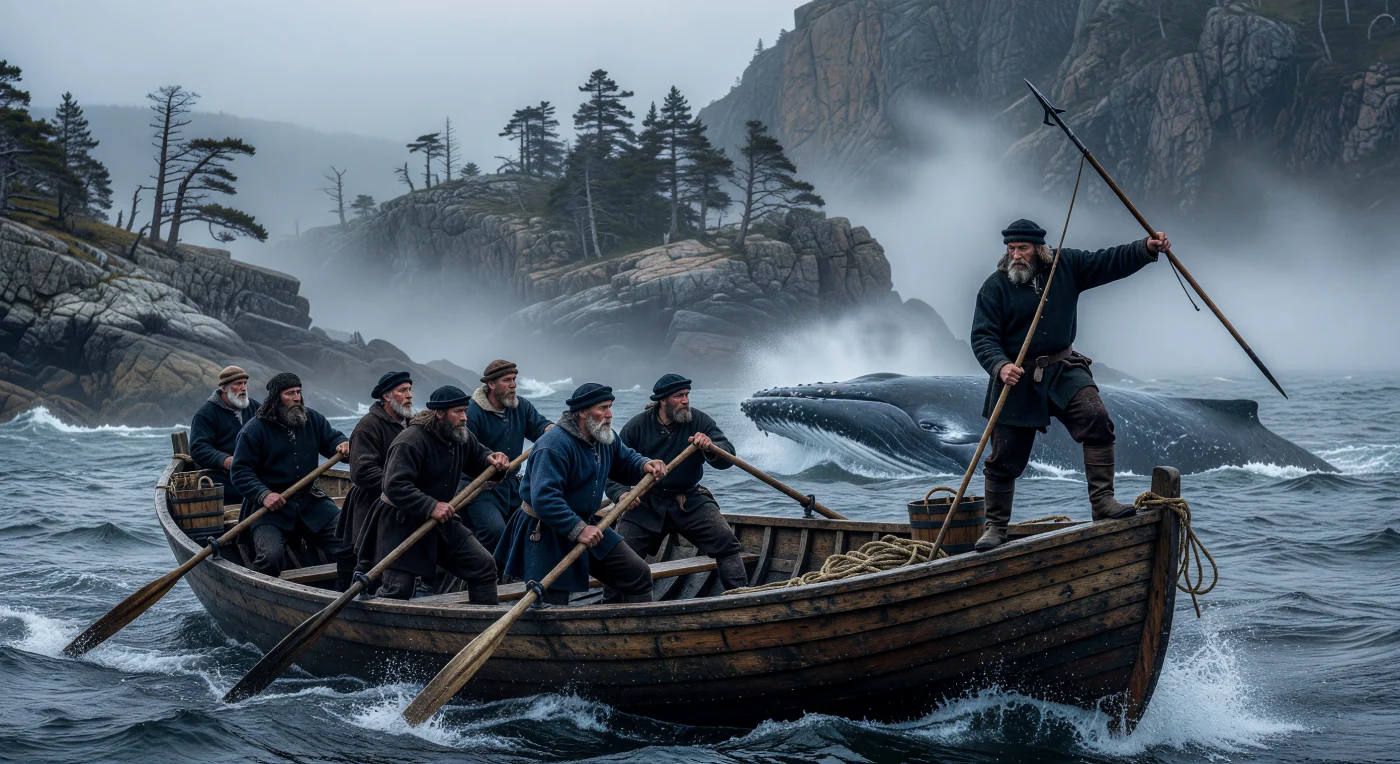 À bord d'une robuste chalupa en chêne, des baleiniers basques vêtus de lainages imprégnés de lanoline traquent une baleine boréale le long des côtes brumeuses et escarpées du Labrador. À la fin du XVe siècle, ces marins chevronnés comptaient parmi les premiers Européens à exploiter les ressources marines de l'Amérique du Nord, bravant les eaux tumultueuses de l'Atlantique pour alimenter le marché européen en huile de cétacé. Cette scène capture la réalité brute et précoloniale de cette industrie maritime, où l'expertise technique des Basques rencontrait la nature sauvage et indomptée des rivages canadiens.
