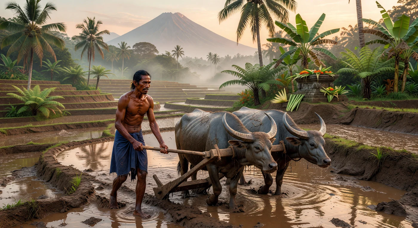 Ein balinesischer Bauer führt während der Blütezeit des Gelgel-Königreichs im 16. Jahrhundert ein Paar massige Wasserbüffel durch die schlammigen Reisterrassen am Fuße des Vulkans Mount Agung. Mit einem traditionellen Holzpflug bereitet er den Boden für die Aussaat vor, während die spiegelglatten Wasserflächen das erste Licht der Morgendämmerung einfangen. Diese Szene verdeutlicht das komplexe *Subak*-System, eine meisterhafte Form der gemeinschaftlichen Bewässerung, die seit Jahrhunderten die Grundlage der balinesischen Gesellschaft und Spiritualität bildet.