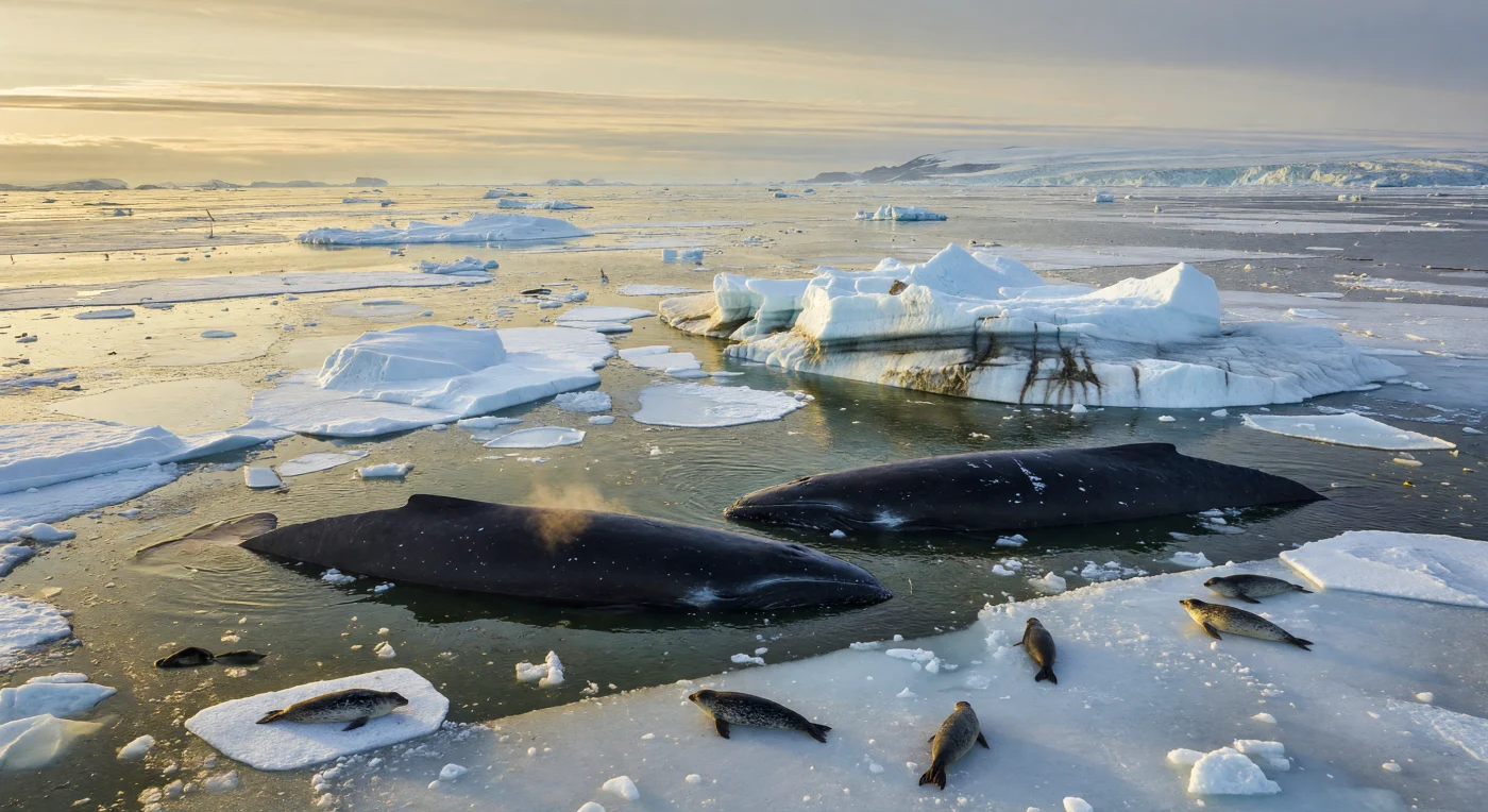 En este verano del Ártico pleistoceno, dos enormes ballenas boreales (*Balaena mysticetus*), de unos 15–17 metros de longitud, emergen junto al borde del hielo marino fracturado, mientras focas anilladas (*Pusa hispida*) descansan sobre pequeños témpanos y un iceberg vetado de sedimentos deriva cerca. La escena representa una zona de alimentación muy productiva en los márgenes glaciares durante las glaciaciones del Pleistoceno tardío, hace decenas de miles de años, cuando el fitoplancton florecía en aguas frías enriquecidas por deshielo y sedimentos glaciares. Aunque este ecosistema recuerda al Ártico actual, entonces formaba parte de un océano modelado por grandes ciclos glaciales, con hielo anual y multianual, costas heladas y mares rebosantes de vida en el filo mismo de la banquisa.