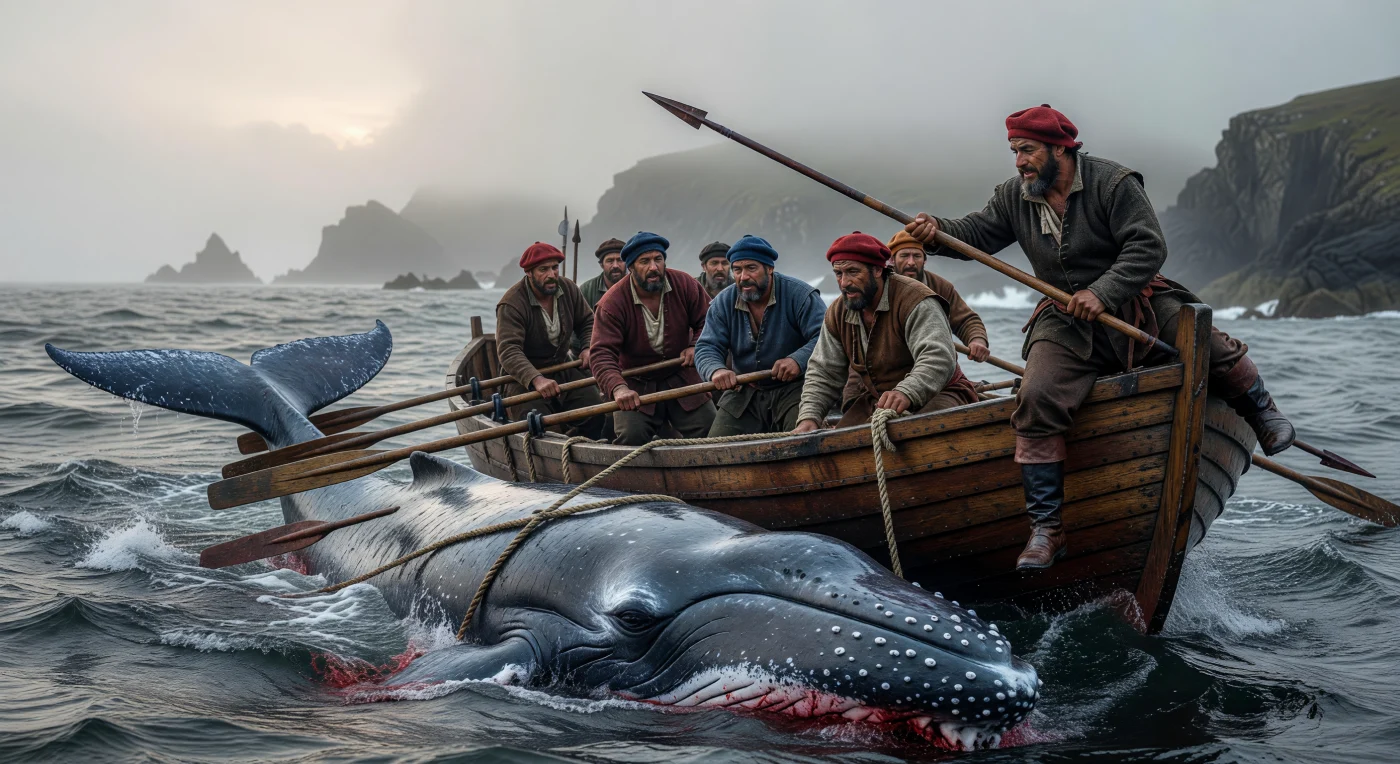 Esta escena captura la peligrosa caza de una ballena franca por balleneros vascos del siglo XVII, quienes maniobran una robusta chalupa de roble entre las gélidas y brumosas aguas del Atlántico Norte. Ataviados con prendas de lana y cuero tratadas con aceite para resistir el rigor de la Pequeña Edad de Hielo, estos expertos marinos empleaban arpones de hierro forjado a mano en una industria que definió la expansión económica del Renacimiento. La imagen documenta con crudeza una labor agotadora y heroica, donde la supervivencia dependía de la destreza técnica frente a la fuerza de un océano hostil.