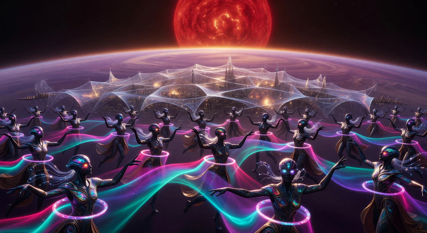 En esta majestuosa vista del periodo El Horizonte (aprox. 100,000 – 1,000,000 d.C.), miles de seres posbiológicos con "Simetría Aureliana" ejecutan una coreografía orbital sobre una Ciudad-Nube en el sistema de Próxima Centauri. Los ejecutantes, cuya morfología de obsidiana y neurofilamentos refleja la era de la Consolidación Transmaterial, utilizan integumentos de femtomáquinas para tejer colosales esculturas de plasma ionizado en tonos neón y ultravioleta. Bajo el denso resplandor de la enana roja, esta manifestación artística evidencia una época donde la especie ha trascendido su herencia de carbono para convertir las leyes de la física y el vacío estelar en su lienzo primordial.