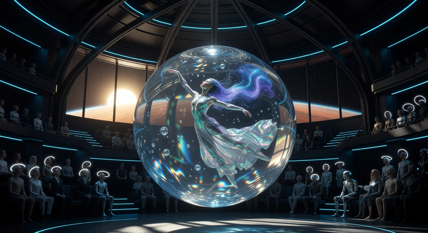 In questa veduta dell'Espansione Solare (2500-3000 d.C.), una ballerina appartenente all' "Ideale Solare" esegue una coreografia in assenza di gravità all'interno di una sfera di fluido nutriente, avvolta in seta di metallo liquido reattiva. L'organismo post-umano presenta arti elongati, vene bioluminescenti e ciglia a fibre ottiche, adattamenti estetici e funzionali progettati per la vita nelle stazioni orbitali. Sullo sfondo, l’architettura in iridio di un teatro spaziale incornicia il bagliore del Sole che sorge su un Marte terraformato, celebrando la sintesi definitiva tra l'eleganza biologica e la resilienza sintetica del futuro.