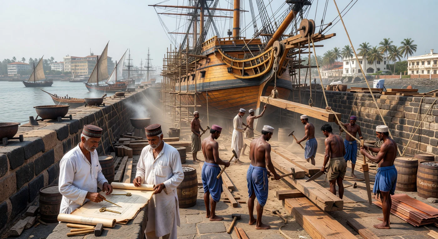 1820 के दशक के बॉम्बे डॉकयार्ड का यह दृश्य रॉयल नेवी के लिए एक विशाल सागौन के युद्धपोत के निर्माण को दर्शाता है, जहाँ पारंपरिक 'फेन्था' टोपी पहने पारसी मास्टर बिल्डर्स बारीकी से काम की निगरानी कर रहे हैं। पत्थर के सूखे डॉक में, कुशल लश्कर मजदूर भारी लकड़ी और औजारों के साथ तालमेल बिठाते हुए जहाज के सुनहरे-भूरे ढांचे को आकार दे रहे हैं। यह दृश्य दक्षिण एशिया के उत्कृष्ट शिल्प कौशल और वैश्विक समुद्री इतिहास में बॉम्बे की रणनीतिक भूमिका के अद्भुत संगम को जीवंत करता है।