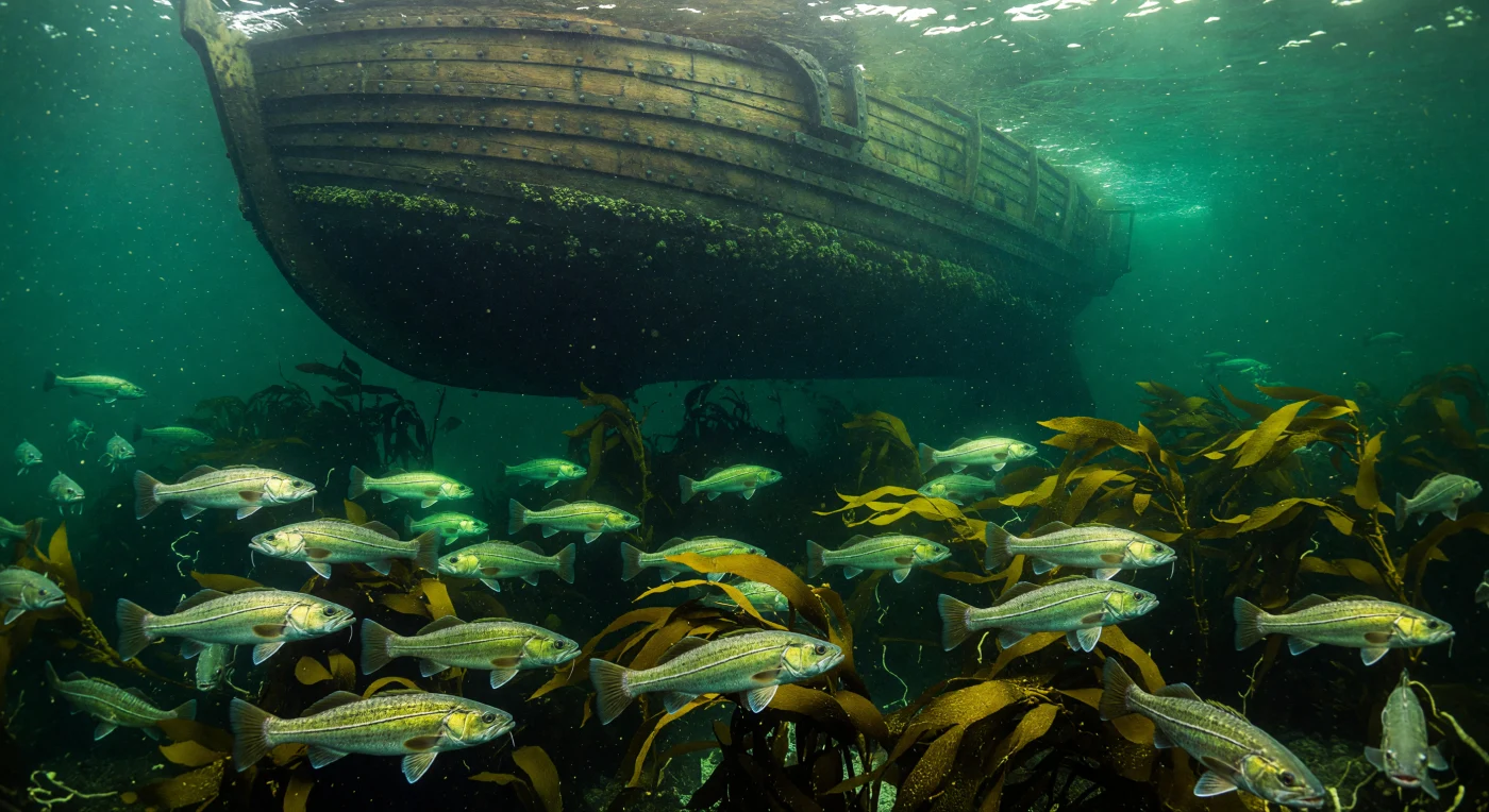 Nelle gelide profondità color smeraldo dei Grandi Banchi, verso il 1495, banchi sconfinati di merluzzi atlantici si snodano attraverso fitte foreste di kelp dorato, illuminati da eterei fasci di luce solare. Sopra di loro incombe la sagoma massiccia di una cocca anseatica, di cui è visibile lo scafo in quercia costruito a clinker, testimonianza dell'avanzata ingegneria navale del tardo Medioevo. Questa scena cattura la maestosa e silenziosa abbondanza dell'Atlantico settentrionale prima dell'avvento della pesca industriale, nel periodo in cui i primi esploratori europei iniziavano a frequentare queste acque ricchissime.