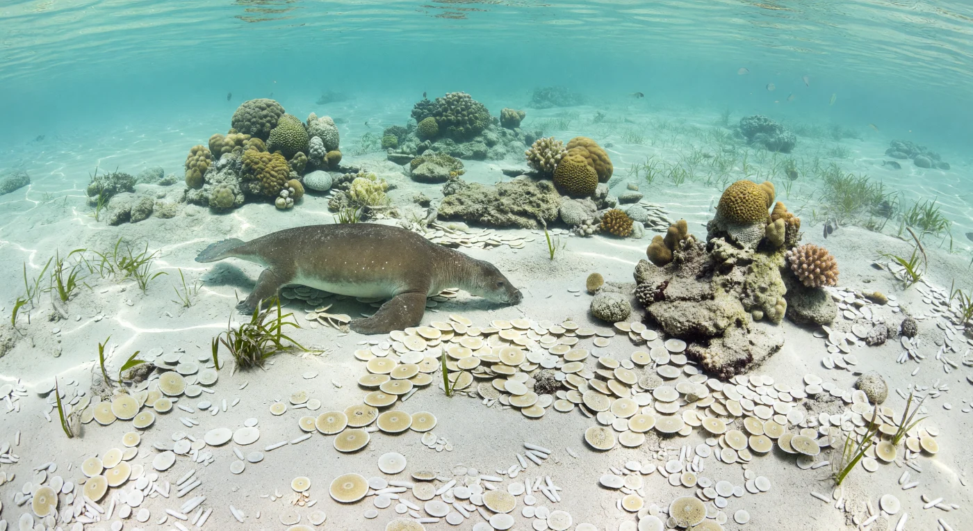 Dans cette lagune chaude de la Téthys au début de l’Éocène, il y a environ 56 à 47 millions d’années, le fond clair est tapissé de grands foraminifères comme Nummulites et Alveolina, dont les tests en forme de pièces et de fuseaux s’accumulaient dans les sables carbonatés. Un Eotheroides, sirénien primitif d’environ 2,5 m de long, broute paisiblement parmi de modestes herbiers marins sous de petits récifs de Porites et de coraux faviidés. Ces hauts-fonds tropicaux ont produit d’immenses dépôts de calcaires nummulitiques, aujourd’hui célèbres dans de nombreuses régions issues de l’ancien océan Téthys.
