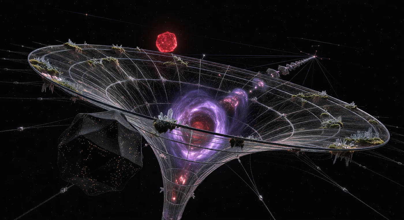 바너드 별의 희미한 적색광을 배경으로, 탄소 나노튜브로 직조된 400km 길이의 거대한 전자기 '램-스쿱(Ram-Scoop)'이 성간 가스를 수확하며 신비로운 보라색 이온화 광휘를 내뿜고 있습니다. 서기 3000년에서 5000년 사이의 '성간 여명기'에 구축된 이 장치는 인류 이후의 지성체인 '기록자 개체(Archivist-Entity)'들이 인공 블랙홀을 가동할 연료를 얻기 위해 우주를 채굴하던 경이로운 공학적 시대를 증언합니다. 구조물 외벽에는 자가 복제하는 수정 형태의 '실리콘 식물상(Silicon-Flora)'이 이끼처럼 군락을 이루고 있으며, 이는 생물과 기계의 경계가 사라진 머나먼 미래의 독특한 생태적 단면을 보여줍니다.