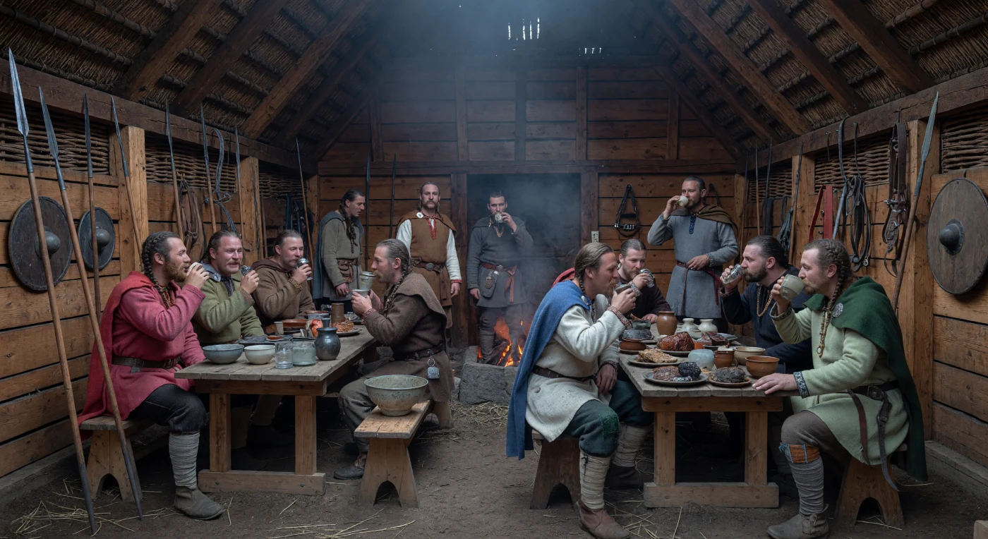 À luz trémula da lareira central, esta sala senhorial gótica do século IV, na zona Cherniakhov a norte do mar Negro, mostra guerreiros e dependentes de elite em túnicas de lã, calças justas e fíbulas prateadas, bebendo em taças de cerâmica e delicados copos de vidro romano. Nas paredes enfumadas pendem lanças, escudos e arreios de cavalo, sinais de uma sociedade aristocrática guerreira em que o banquete reforçava alianças, estatuto e fidelidade pessoal. A presença de vidro, bacias metálicas e outros objetos importados revela como estes godos, embora fora das fronteiras imperiais, estavam profundamente ligados às redes comerciais e culturais do mundo romano tardio.