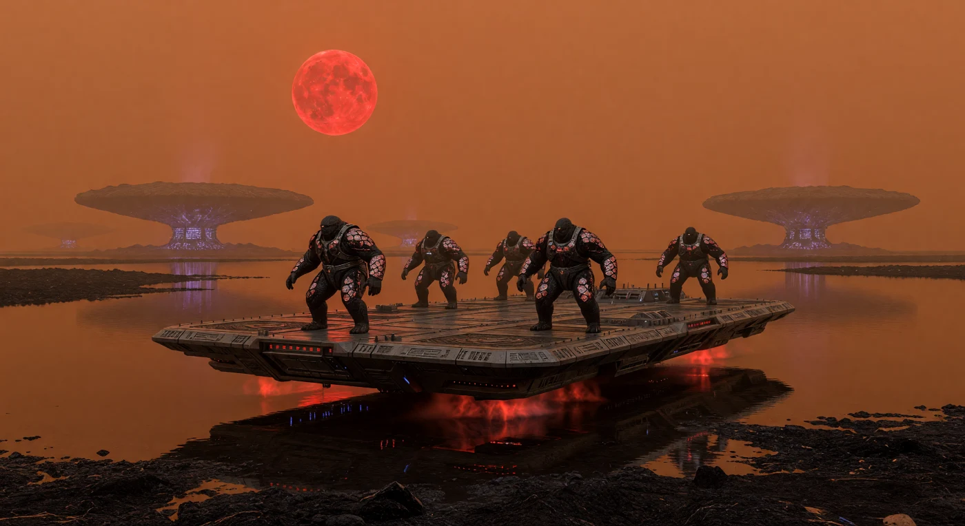 Bajo el resplandor carmesí de una estrella enana roja, una colosal barcaza de tungsteno surca el Mar de Película Molecular en una Supertierra de gravedad extrema (6g), durante el apogeo de la Era Galáctica (aprox. 5,000–20,000 d.C.). En este entorno de presión aplastante, los Lithoderms o "humanos de gravedad" —organismos de simetría cuadrilátera y piel reforzada con microplacas metálicas— recolectan recursos hídricos sobre un lecho de obsidiana en una atmósfera densa de nitrógeno y argón. Esta escena ilustra la asombrosa adaptación biológica en mundos masivos, donde la vida ha evolucionado para percibir vibraciones sísmicas y resistir fuerzas gravitatorias que colapsarían cualquier estructura ósea convencional.