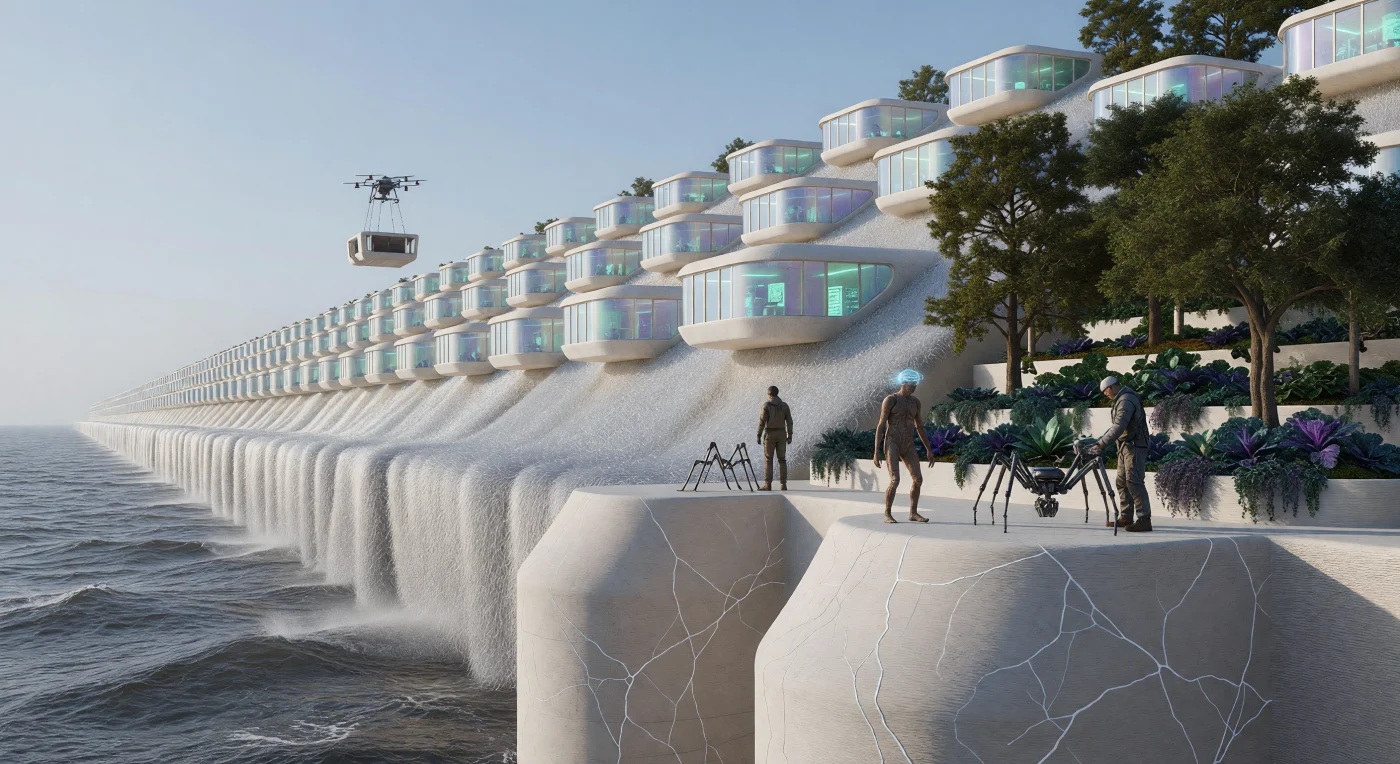 Érigée durant l'Aube Augmentée vers 2085, la Grande Barrière de la Mer du Nord constitue un vestige monumental de l'adaptation humaine face à l'élévation des océans, s'étendant sur 400 kilomètres de côtes. Ce rempart en hémicrète et nanotubes de carbone intègre des parois de bio-béton auto-cicatrisantes grâce à la bactérie *Bacillus pseudofirmus*, tandis que des vergers verticaux de Chênes-Titans et de choux pourpres génétiquement modifiés cascadent entre des modules résidentiels en verre de graphène. L'image capture une symbiose technologique unique où des humains aux capacités neurales augmentées cohabitent avec des automates de maintenance, illustrant une ère de transition où l'architecture est devenue un écosystème hybride et souverain.
