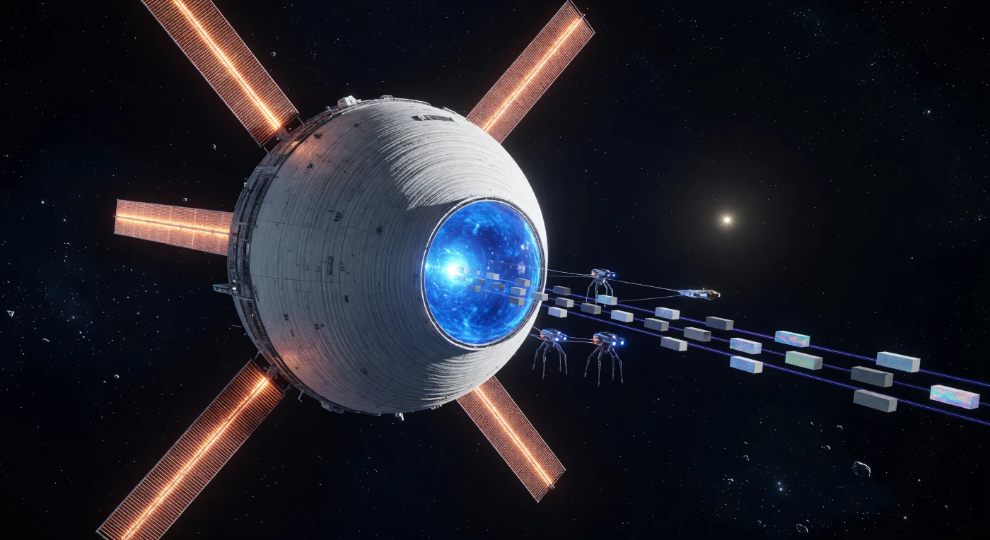 In de ijzige leegte van de Oortwolk, omstreeks 8.910 n.Chr., markeert deze Baryonische Smederij het moment waarop onze opvolgers transformeerden tot een beschaving die materie op subatomair niveau kon scheppen. De wit-keramische sfeer herbergt een kern van saffierblauw quark-gluonplasma die vers gesynthetiseerde isotopen uitstoot, terwijl kilometerslange grafeen-radiatoren als gloeiende oranje vinnen overtollige hitte in het vacuüm verspreiden. Nabij de smederij navigeren spichtige "Void-Custodian" drones door de duisternis, de stille getuigen van een tijdperk waarin de fundamentele bouwstenen van het universum de grondstof werden voor galactische expansie.