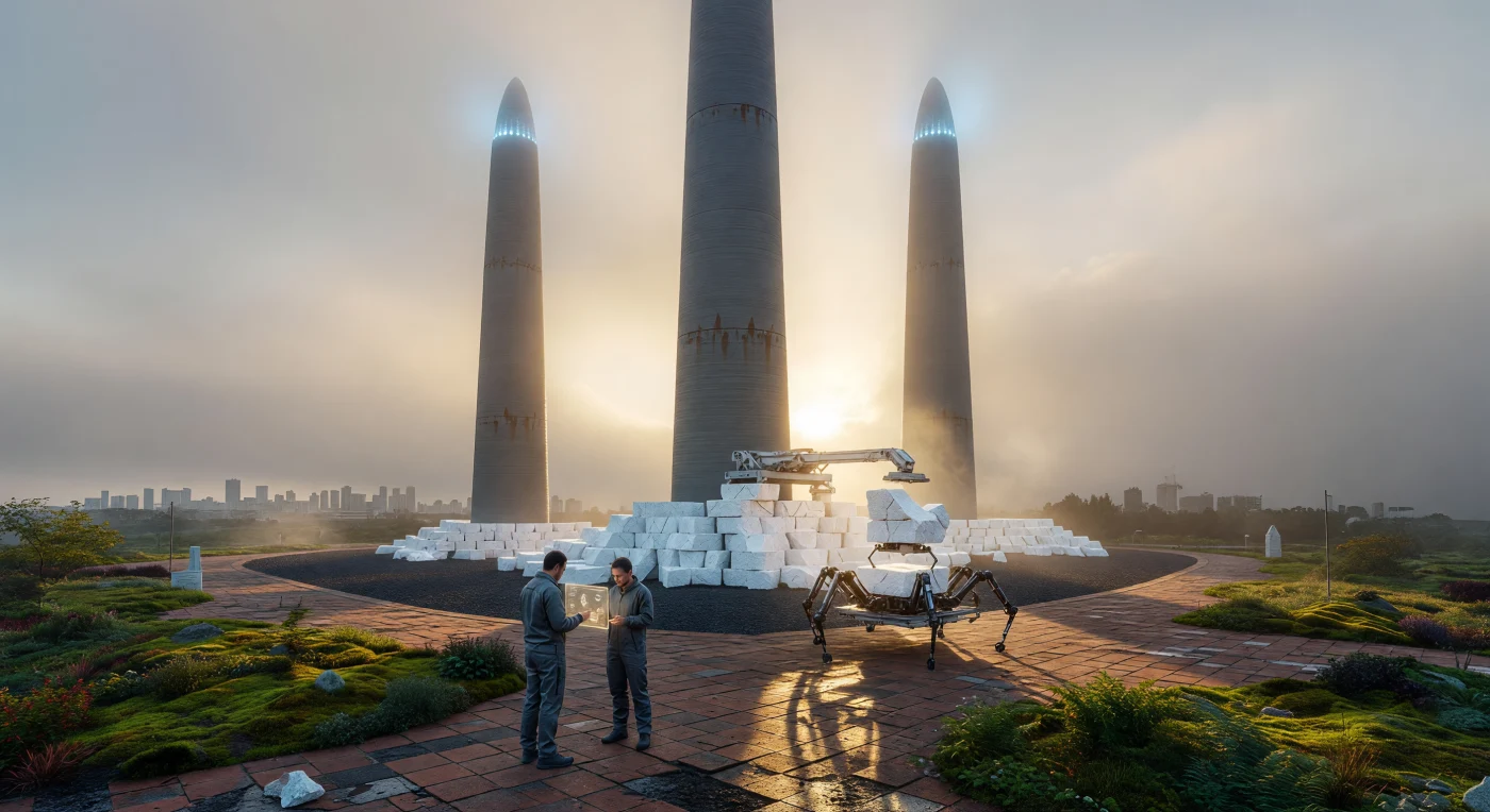 Rising 300 meters into the misty morning of 2042, these needle-like Direct Air Capture (DAC) spires represent the "Great Retrofit" of the Threshold era (2025–2050). Constructed from 3D-printed reinforced basalt, the spires actively mineralize atmospheric carbon dioxide into brilliant white calcium carbonate blocks for use in sustainable urban construction. In the foreground, human technicians and hexapedal "spider" bots coordinate the transport of these minerals within a "Sponge City" transition zone, characterized by permeable pavements and lush, water-filtering bioswales.