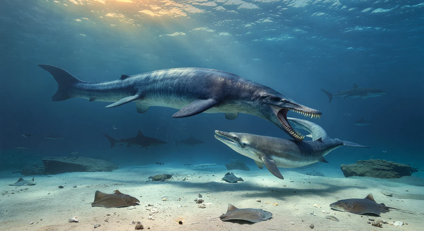 In the warm, shallow Tethyan sea of Wadi Al-Hitan, Egypt, during the late Eocene about 37–34 million years ago, a giant Basilosaurus isis twists through clear blue water to attack the smaller whale Dorudon atrox. Both animals were early fully marine whales, but Basilosaurus retained the long, serpent-like body of an archaeocete, while Dorudon was more compact and closer in overall form to later whales. Rays rest on the carbonate seafloor below, and sharks cruise in the distance, reflecting the rich marine ecosystem preserved in one of the world’s most famous Eocene whale fossil sites.