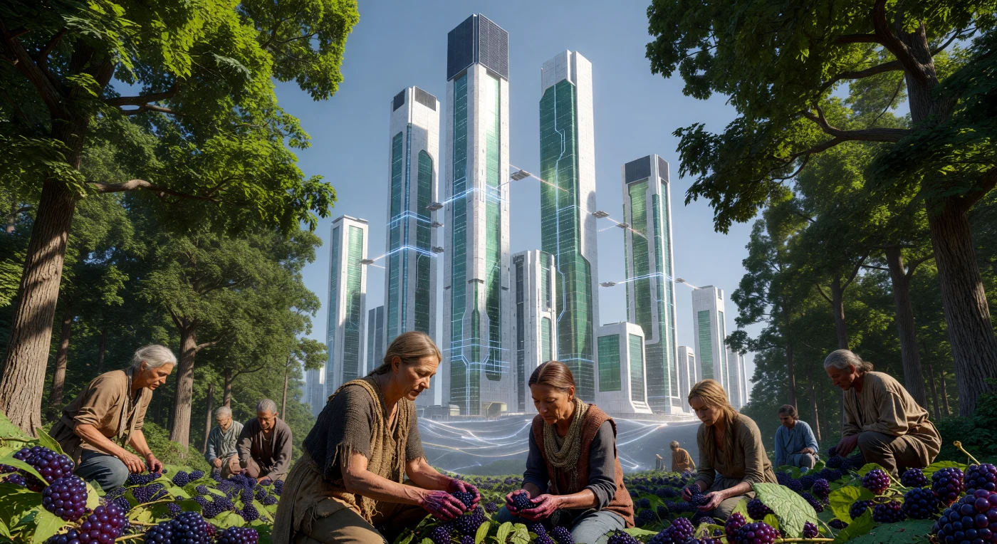 In der Renaturierungszone am Rande einer Neo-Eurasischen Megacity sammeln unmodifizierte „Baseline“-Menschen die Früchte de-extinktierter *Rubus*-Arten unter dem Schutz genetisch optimierter Super-Eichen (*Quercus*). Diese Szene aus der Ära der „Konvergenz“ (2100–2200 n. Chr.) verdeutlicht das Spannungsfeld zwischen dem biologischen Erbe des 21. Jahrhunderts und den 3.000 Meter hohen, fusionsbetriebenen Monumenten einer Typ-1.2-Zivilisation. Die gewaltigen Türme im Hintergrund, ausgestattet mit Systemen zur massiven Kohlenstoffbindung und atmosphärischen Reinigung, markieren den Moment in der Erdgeschichte, in dem die Biosphäre durch gezielte genetische Rekonstruktion und technologische Kontrolle stabilisiert wurde.