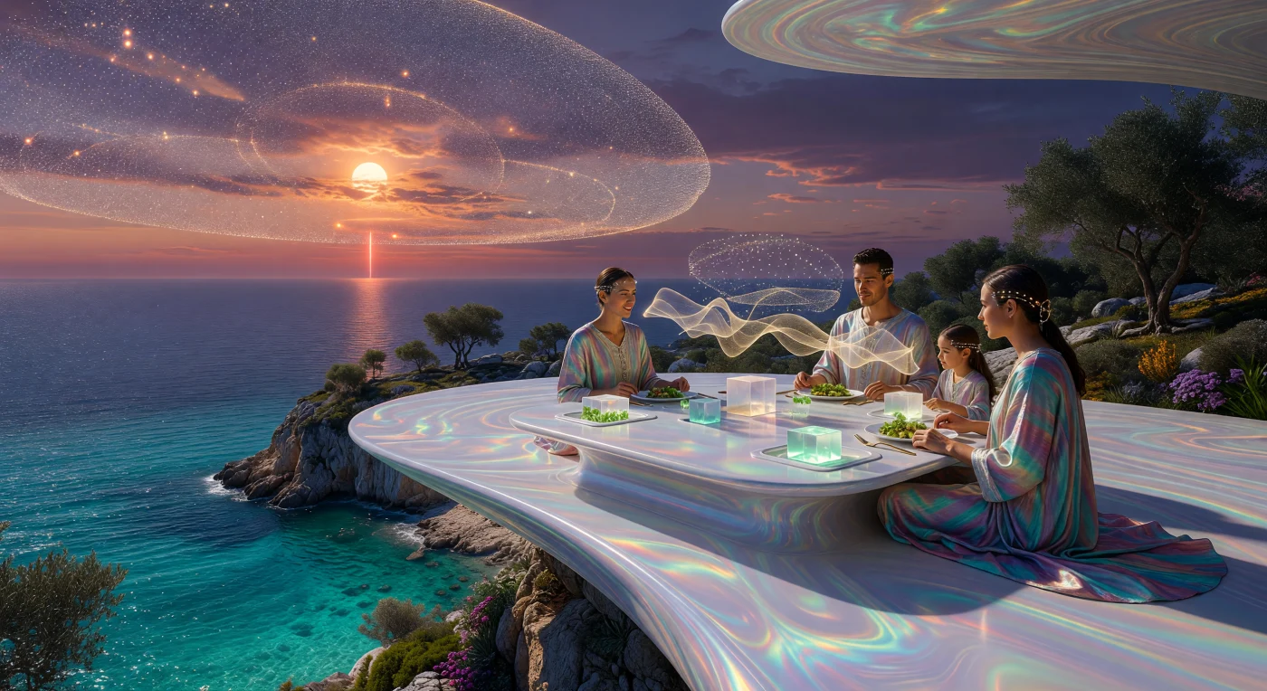 Tijdens de Dageraad van de Interstellaire Era (3000–5000 n.Chr.) dineert een familie van 'baseline' *Homo sapiens* op een moleculair samengestelde veranda boven een ecologisch herstelde Middellandse Zee. Terwijl zij zich voeden met synthetische proteïnen, vult de hemel zich met de Sol-Schil—een gigantisch netwerk van statiet-spiegels die de energie van de zon oogsten voor een hoogontwikkelde Kardasjev-type 1.9 beschaving. Hun werkelijkheid wordt verrijkt door 'Het Weefsel', een via neurale links geprojecteerde datastroom die de grens tussen biologie en digitale informatie doet vervagen binnen dit streng bewaakte Aarde-Reservaat.