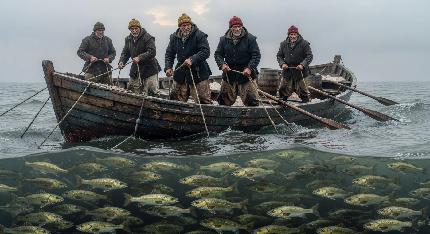 This scene depicts Basque fishermen in the mid-16th century harvesting Atlantic cod from the nutrient-rich waters of the Grand Banks aboard a traditional oak shallop, or *chalupa*. To withstand the grueling conditions of the North Atlantic, the crew wears heavy, salt-crusted wool garments while using hemp hand-lines to tap into a biomass so dense it was a primary driver of early European presence in North America. This seasonal industry provided the salt-cured protein essential for sustaining European populations and maritime expansion during the Renaissance.