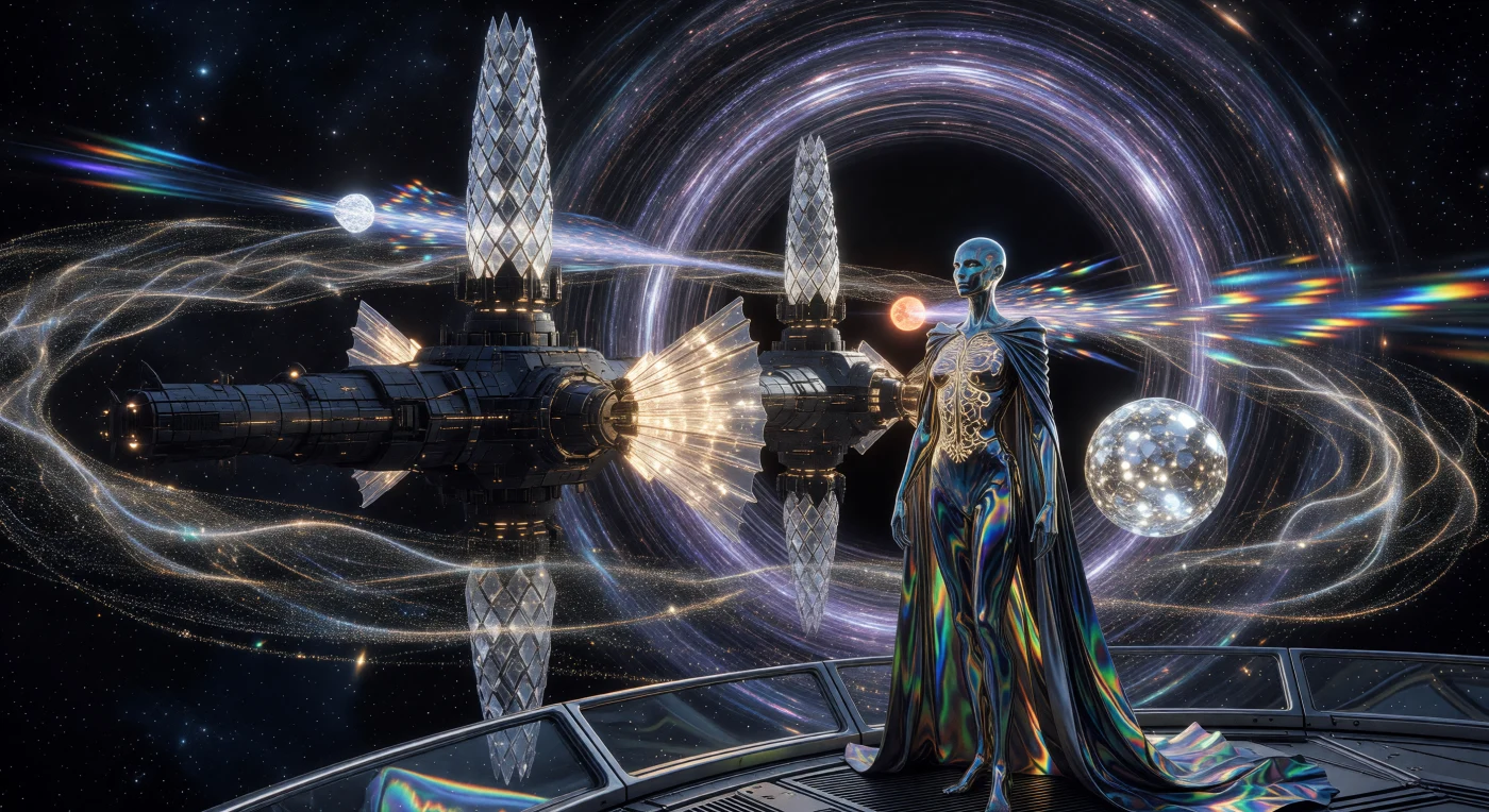 Un Avatar de la facción de los "Pacientes" contempla el Bastión Penrose, una colosal estructura de computronio anclada en la ergosfera de un microagujero negro durante la era de "El Horizonte" (aprox. 100.000 – 1.000.000 d.C.). La escena muestra la sofisticada defensa de esta civilización de Tipo 2.5, donde torretas de cristal disparan ráfagas de neutrinos para interceptar incursores mientras inmensas aletas radiadoras disipan el calor residual de la cosecha energética hacia el vacío. Acompañado por una unidad "Núcleo" de memoria cristalina, este ser de sustrato polimórfico coordina una red de sensores nanométricos que envuelve la singularidad, representando un instante de alta tensión en la vasta escala del tiempo profundo.