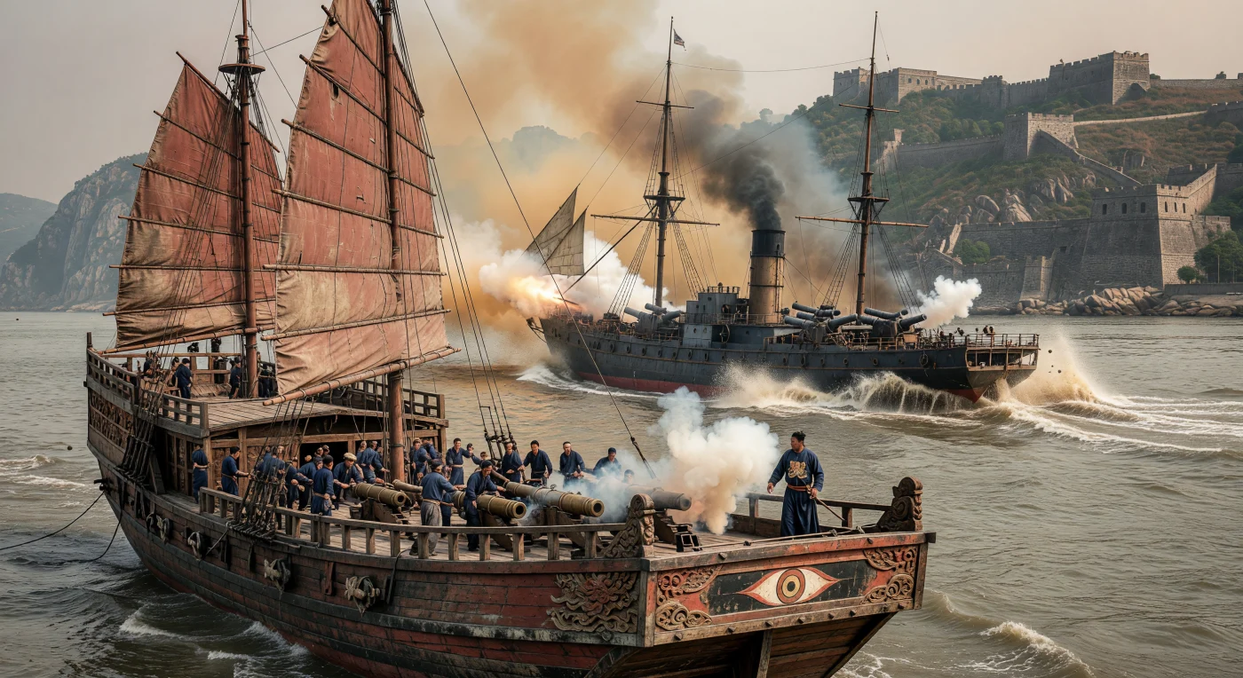 Dans les eaux limoneuses du détroit de Humen, une imposante jonque de guerre de la dynastie Qing, ornée d'un oculus traditionnel à la proue, engage le combat contre un navire à coque de fer et à roues à aubes de la marine britannique. Cette scène illustre le choc technologique brutal de la première guerre de l'Opium, où l'artillerie traditionnelle chinoise et les voiles de nattes se heurtent à la puissance industrielle des machines à vapeur occidentales. En arrière-plan, les remparts des forts d'Anunghoy surplombent ce tournant historique qui marquera la fin de l'isolement impérial et le début d'une ère de transformations profondes pour l'Asie de l'Est.