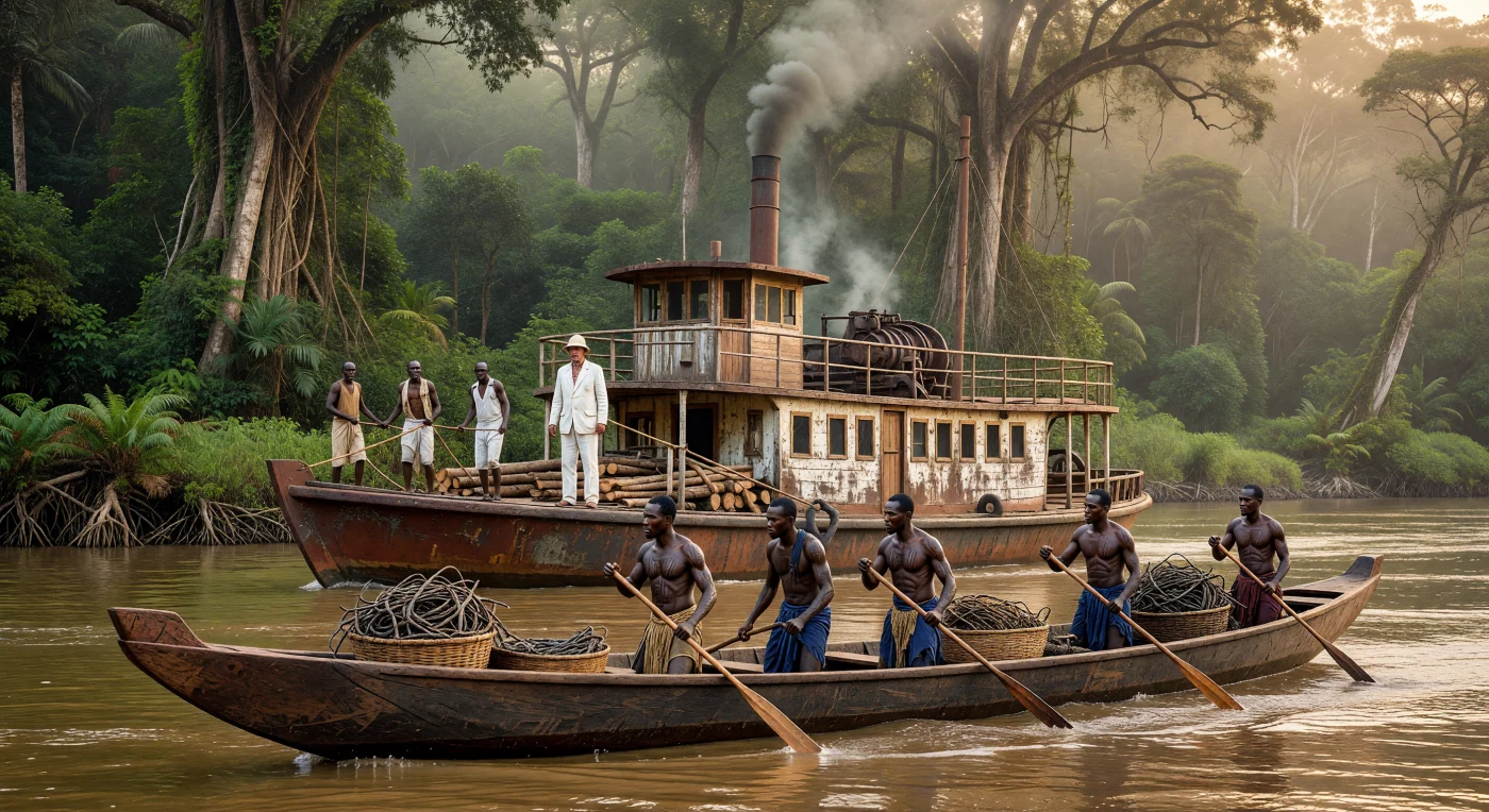 Lungo le acque color tè del fiume Congo verso il 1895, un battello a vapore coloniale incrocia una piroga tradizionale di venti metri, carica di cesti di gomma selvatica Landolphia. Questo incontro visivo illustra la complessa transizione della Belle Époque, contrapponendo la tecnologia industriale europea alle imbarcazioni in mogano dei rematori Kongo. Sullo sfondo della foresta equatoriale avvolta dalla nebbia, la scena documenta l'epoca dell'estrazione intensiva delle risorse che trasformò radicalmente il paesaggio sociale e naturale dell'Africa centrale.