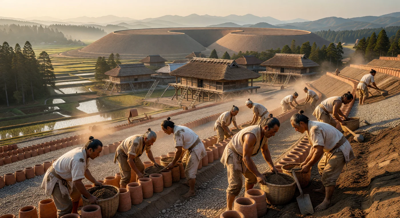 Japanische Arbeiter errichten im 4. Jahrhundert ein monumentales, schlüssellochförmiges Hügelgrab (Zenpō-kōen-fun) für einen mächtigen Häuptling des aufstrebenden Yamato-Reiches. In einfache Hanftuniken gekleidet, platzieren sie sorgfältig unglasierte Haniwa-Terrakottazylinder und glatte Flusssteine auf den terrassierten Hängen des massiven Erdwerks. Im Hintergrund verdeutlichen traditionelle Pfahlbauspeicher die landwirtschaftliche Grundlage dieser Ära, während die gewaltigen Dimensionen der Anlage den Beginn einer zentralisierten Herrschaft und sozialen Hierarchie im antiken Japan markieren.
