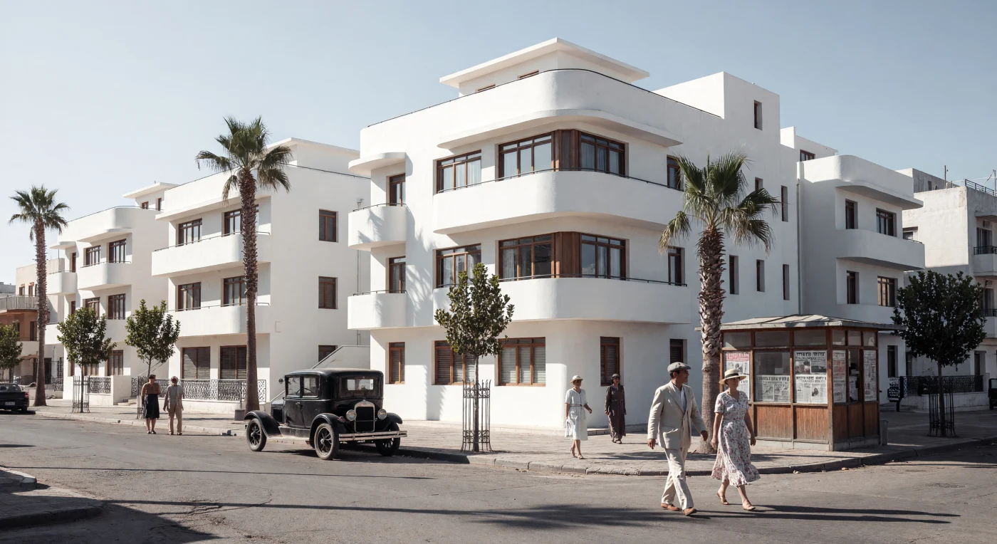 Diese Szene fängt die sonnendurchflutete Atmosphäre der „Weißen Stadt“ in Tel Aviv während der 1930er Jahre ein, als die funktionale Eleganz der Bauhaus-Architektur das Stadtbild des britischen Mandatsgebiets prägte. Vor den weiß verputzten Fassaden mit ihren charakteristischen geschwungenen Balkonen und horizontalen Fensterbändern parkt ein Ford Modell T auf dem von Palmen gesäumten Boulevard. Die Darstellung veranschaulicht eindrucksvoll den modernistischen Aufbruch und die kulturelle Transformation, die durch die Ankunft europäischer Architekten und Einwanderer in der Zwischenkriegszeit ausgelöst wurde.