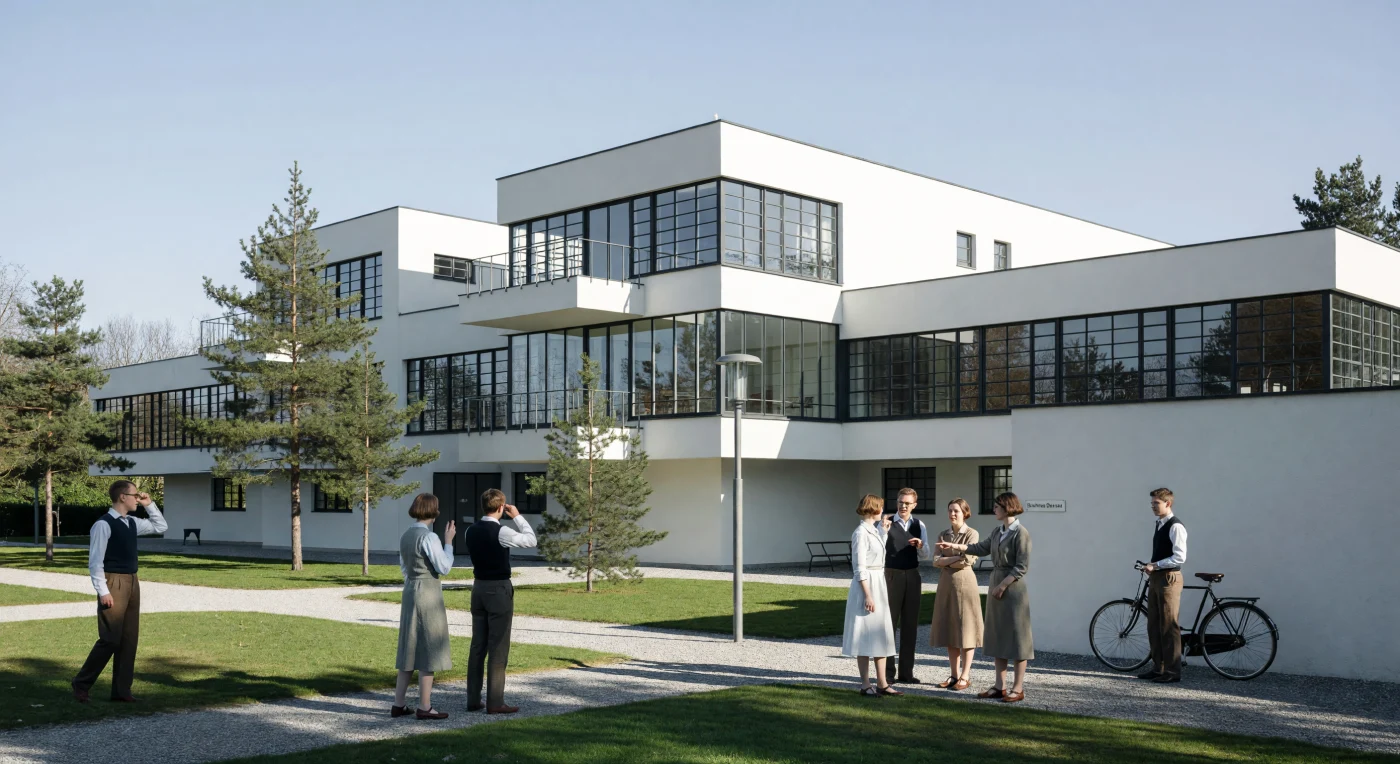 Deze afbeelding toont de Meesterhuizen in Dessau, een meesterwerk van Walter Gropius dat met zijn strakke witte betonvolumes en glazen vliesgevels de essentie van het Bauhaus-functionalisme belichaamt. Te midden van de geometrische lijnen en slanke dennenbomen vangen we een glimp op van avant-gardistische studenten, wier functionele kleding de overgang naar de moderne industriële samenleving van het interbellum markeert. Dit iconische ontwerp van de Nieuwe Zakelijkheid verving decoratieve ornamenten door pure geometrie en licht, waarmee het een blijvende revolutie in de mondiale architectuur ontketende.