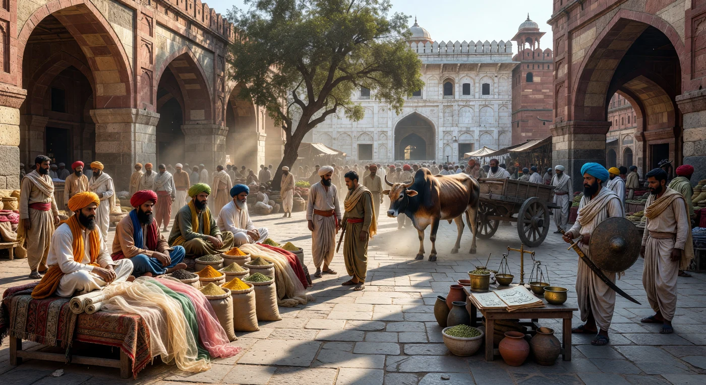 Bajo los imponentes arcos de arenisca roja de la dinastía Tughlaq, este bullicioso bazar del siglo XIV ilustra la vibrante síntesis cultural y comercial del Sultanato de Delhi. Mercaderes de origen turco-persa exhiben lujosas muselinas de Bengala y especias nativas entre el resplandor del sol y las sombras de los corredores, mientras soldados y trabajadores locales navegan por un espacio definido por la arquitectura indoislámica. Esta atmósfera, rica en texturas de algodón y manuscritos persas, captura un momento crucial de la historia del sur de Asia antes del contacto con el Nuevo Mundo, resaltando la sofisticación de sus redes comerciales y su compleja estructura social.