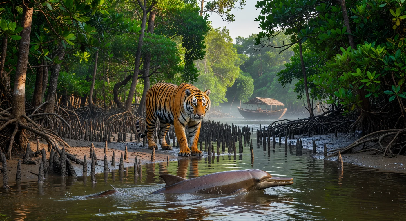 يصور هذا المشهد نمرًا بنغاليًا مهيبًا يتسلل عبر الجذور الهوائية لغابات المانغروف في "سونداربانس" أوائل القرن التاسع عشر، بينما يبرز دولفين نهر الغانج من المياه العكرة للدلتا. تجسد هذه اللوحة الطبيعة الخام لجنوب آسيا إبان عصر الثورات، حيث كانت هذه البراري الشاسعة تمثل نظامًا بيئيًا فريدًا لم يتأثر بعد بالتوسع العمراني المكثف للقوى الاستعمارية. يعكس وجود القارب البنغالي التقليدي في الأفق البعيد التداخل الطفيف بين النشاط البشري وهذه البيئة الفطرية القاسية التي كانت تعد معقلًا للتنوع البيولوجي في شبه القارة الهندية.