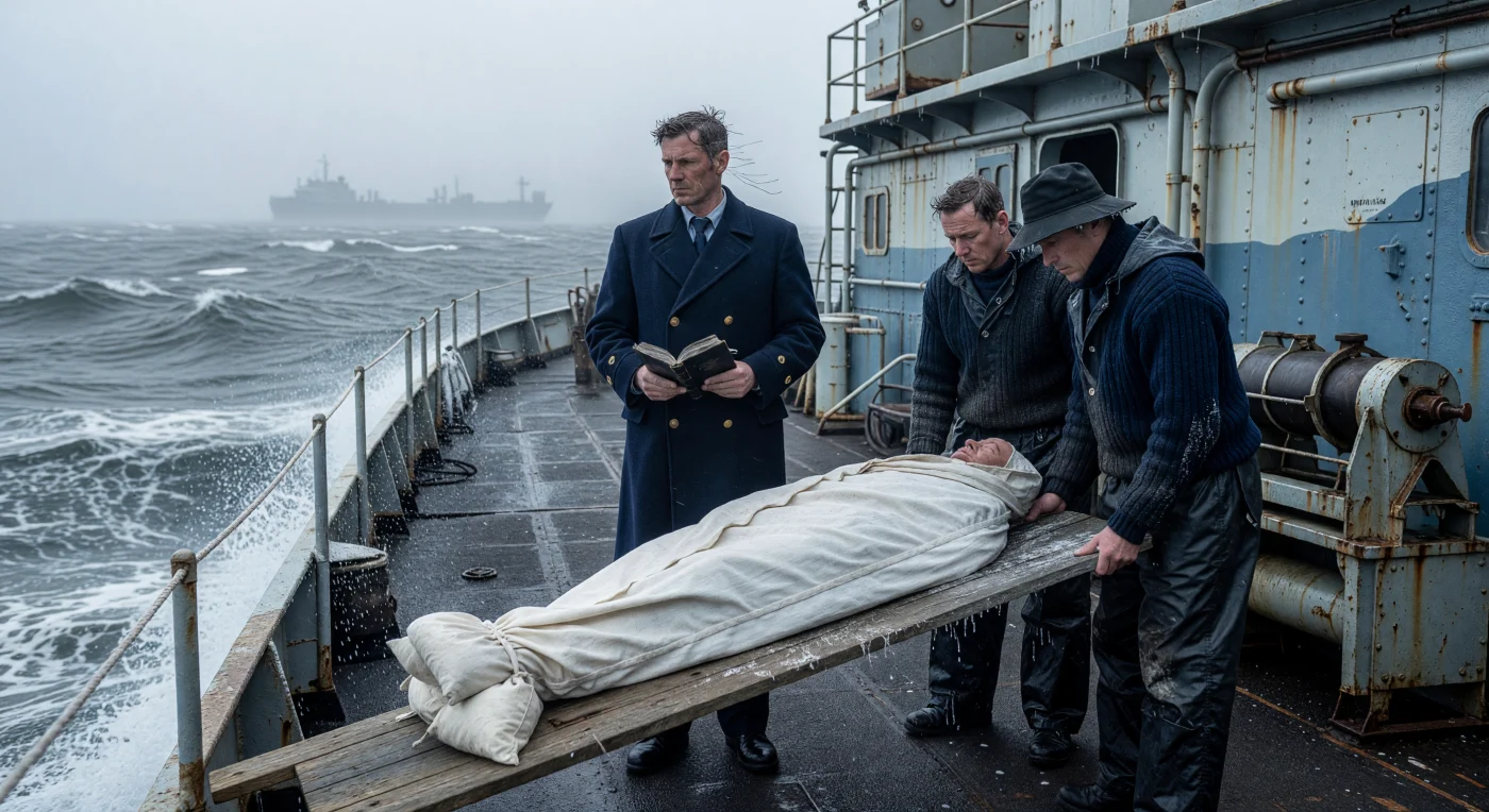 Op het ijzige, met zout bedekte achterdek van een korvet van de Royal Canadian Navy in 1943, leiden een officier en zijn manschappen een plechtige zeebegrafenis te midden van de woelige Noord-Atlantische Oceaan. Terwijl de officier uit een gebedenboek leest, laten matrozen in zware oliejassen een in verzwaard canvas genaaid lichaam vanaf een houten plank in de grijze diepte glijden. Deze scène illustreert de sobere realiteit van de Slag om de Atlantische Oceaan, waarbij escorteschepen onder erbarmelijke winterse omstandigheden vitale konvooien beschermden tegen de constante dreiging van Duitse U-boten.