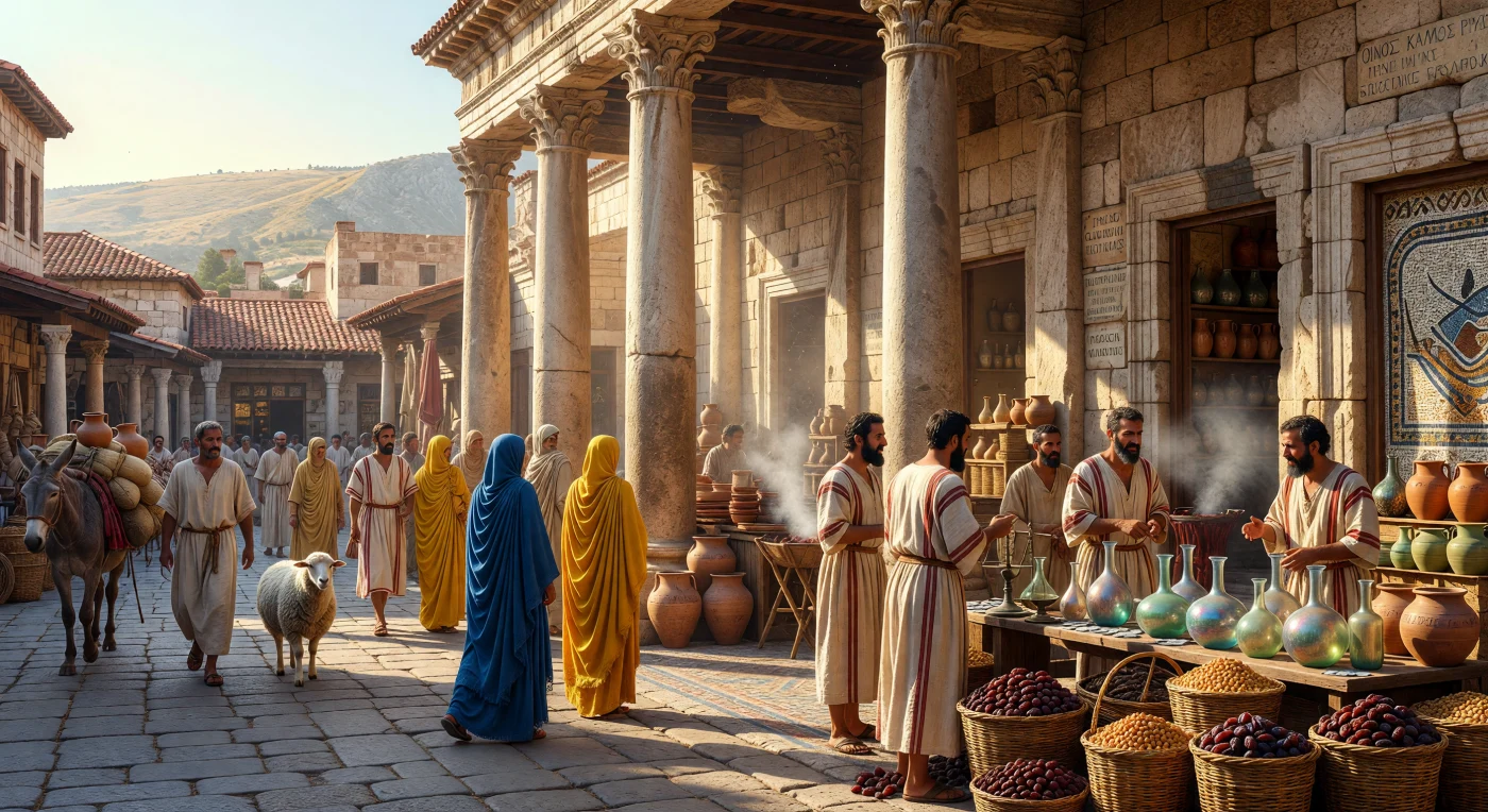 Auf dem belebten Cardo Maximus im spätantiken Antiochia des 4. Jahrhunderts bieten Händler unter prächtigen korinthischen Säulengängen kostbares mundgeblasenes Glas und getrocknete Datteln an. Während das goldene Morgenlicht durch die Kalksteinportiken auf das glattpolierte Basaltpflaster fällt, navigieren Bürger in farbenfrohen Wollgewändern durch das geschäftige Treiben dieser bedeutenden Metropole am Fuße des Berges Silpius. Als strategisches Handelszentrum verband die Stadt römische Architektur mit den Luxusgütern des Orients und blieb bis zum Ende der Antike einer der wichtigsten kulturellen und wirtschaftlichen Knotenpunkte zwischen Ost und West.